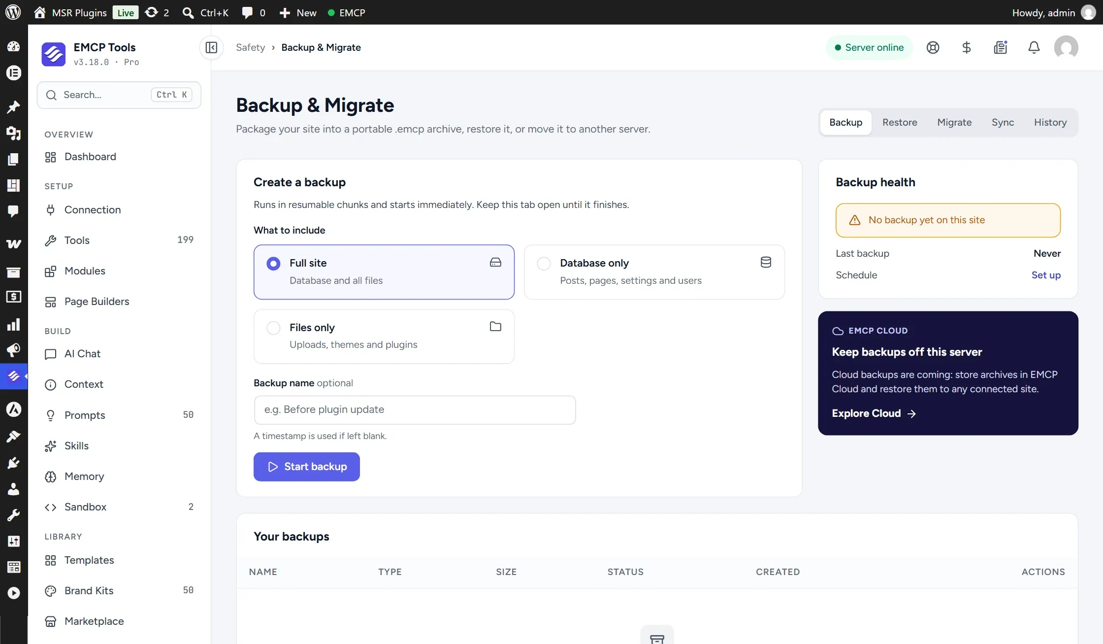 EMCP Backup & Migrate screen showing backup type choices, backup health and recent backups.