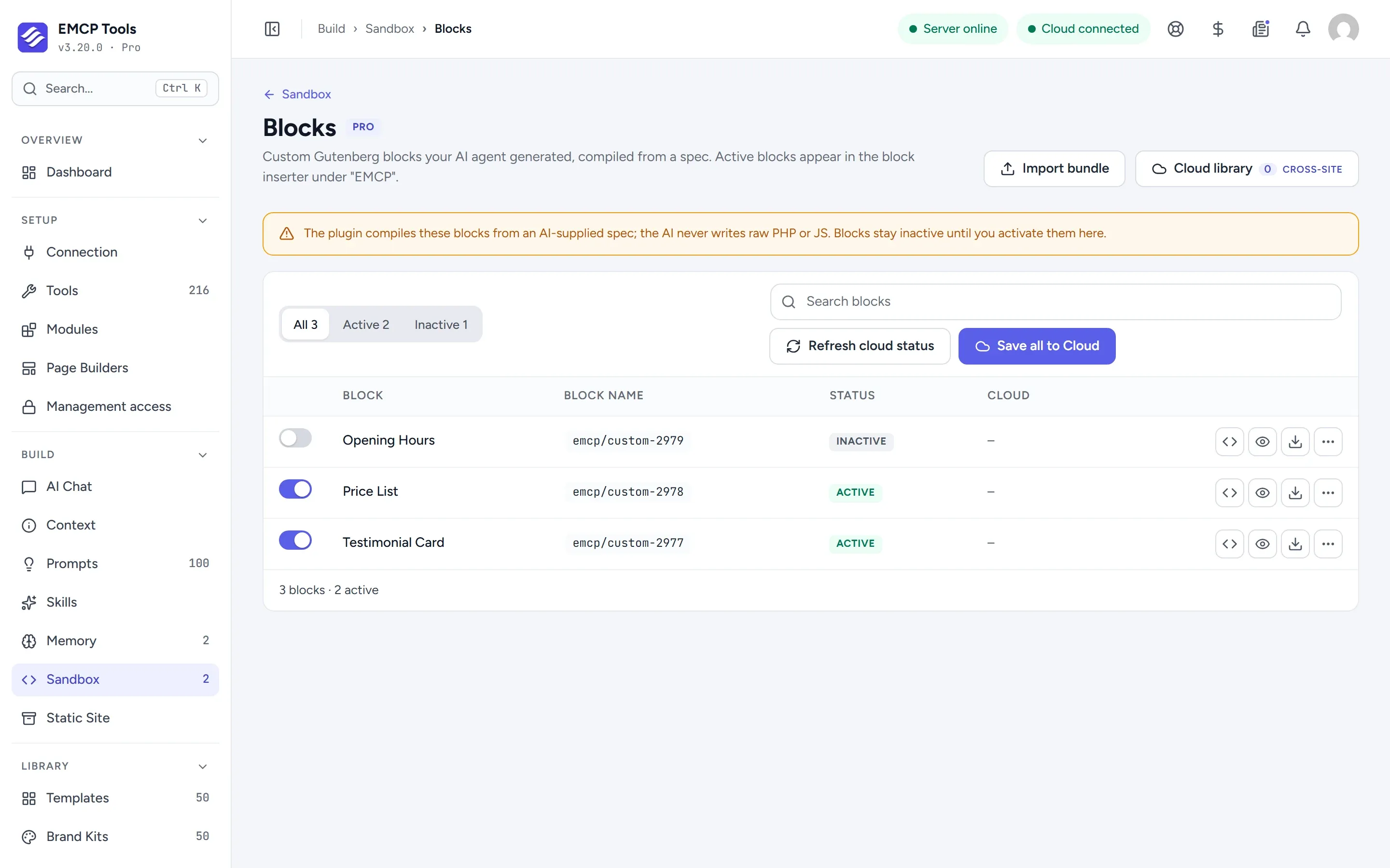 Sandbox Blocks screen listing Testimonial Card and Price List as active and Opening Hours as an inactive draft.