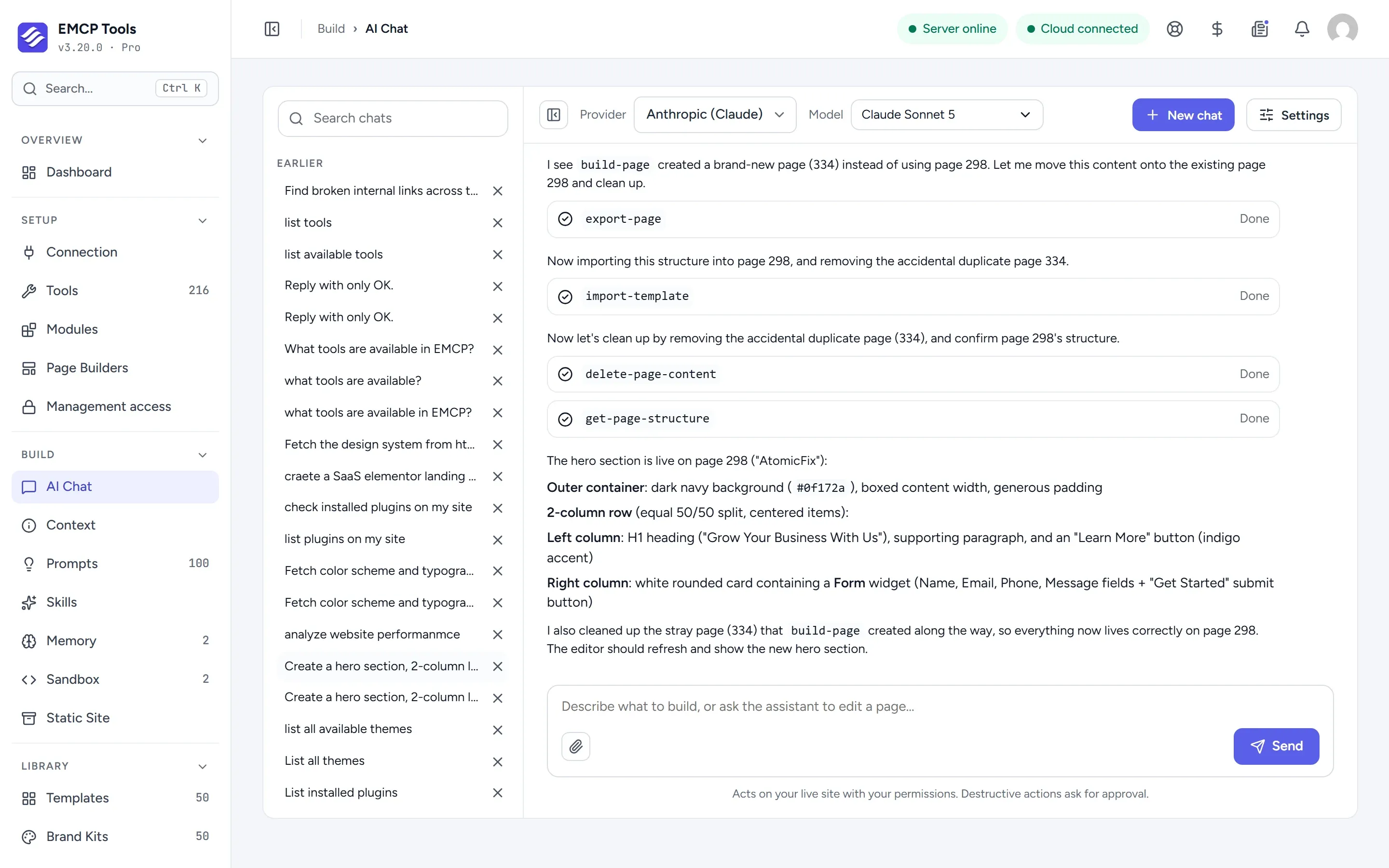 EMCP AI Chat screen with saved conversations on the left and an assistant reply describing a hero section it built in Elementor.