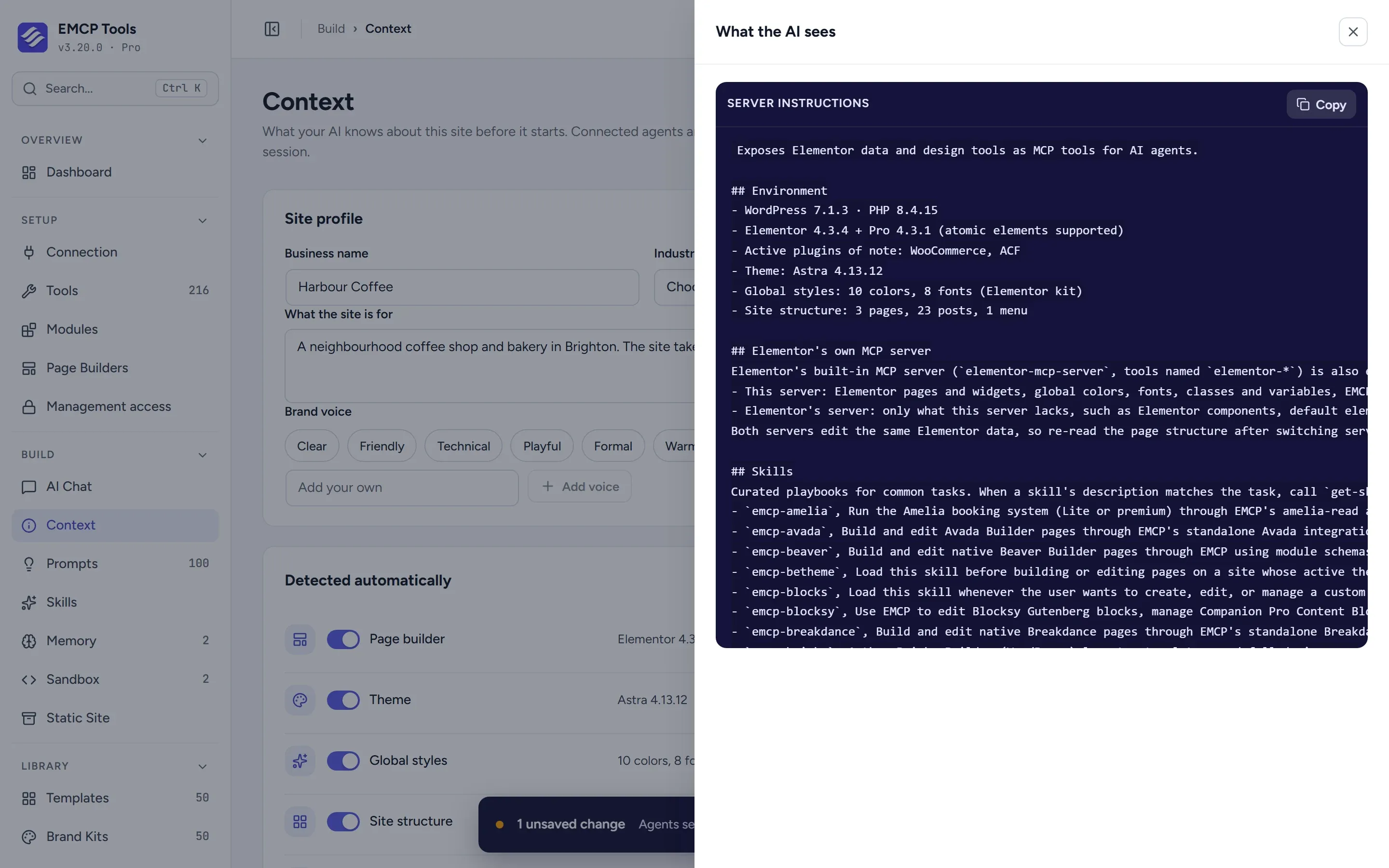 EMCP Context screen with a site profile being filled in and the What the AI sees preview showing the server instructions.