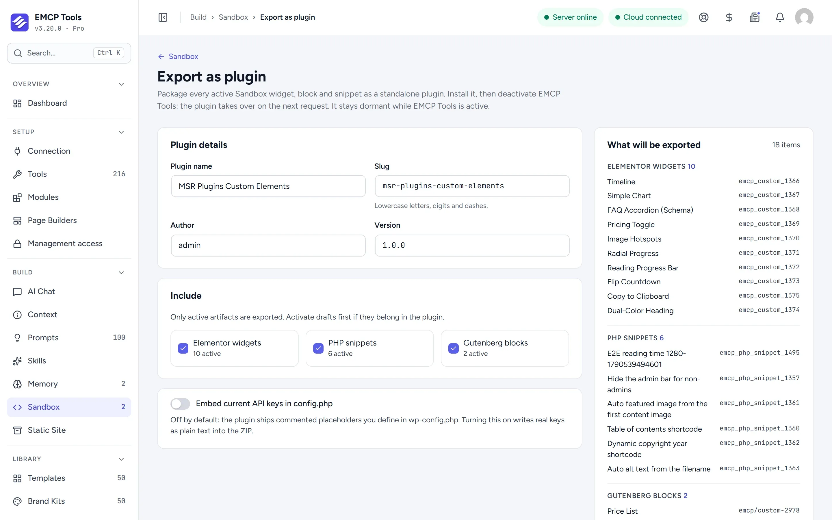 Export as plugin screen with the plugin name, slug, author and version, and a list of the widgets and snippets to be exported.