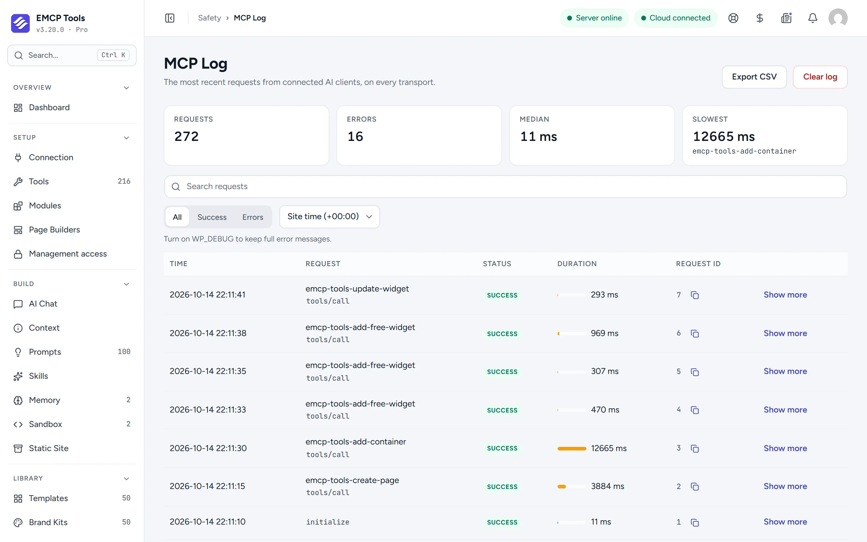EMCP MCP Log screen with request, error, median and slowest counts above a table of recent tool calls.