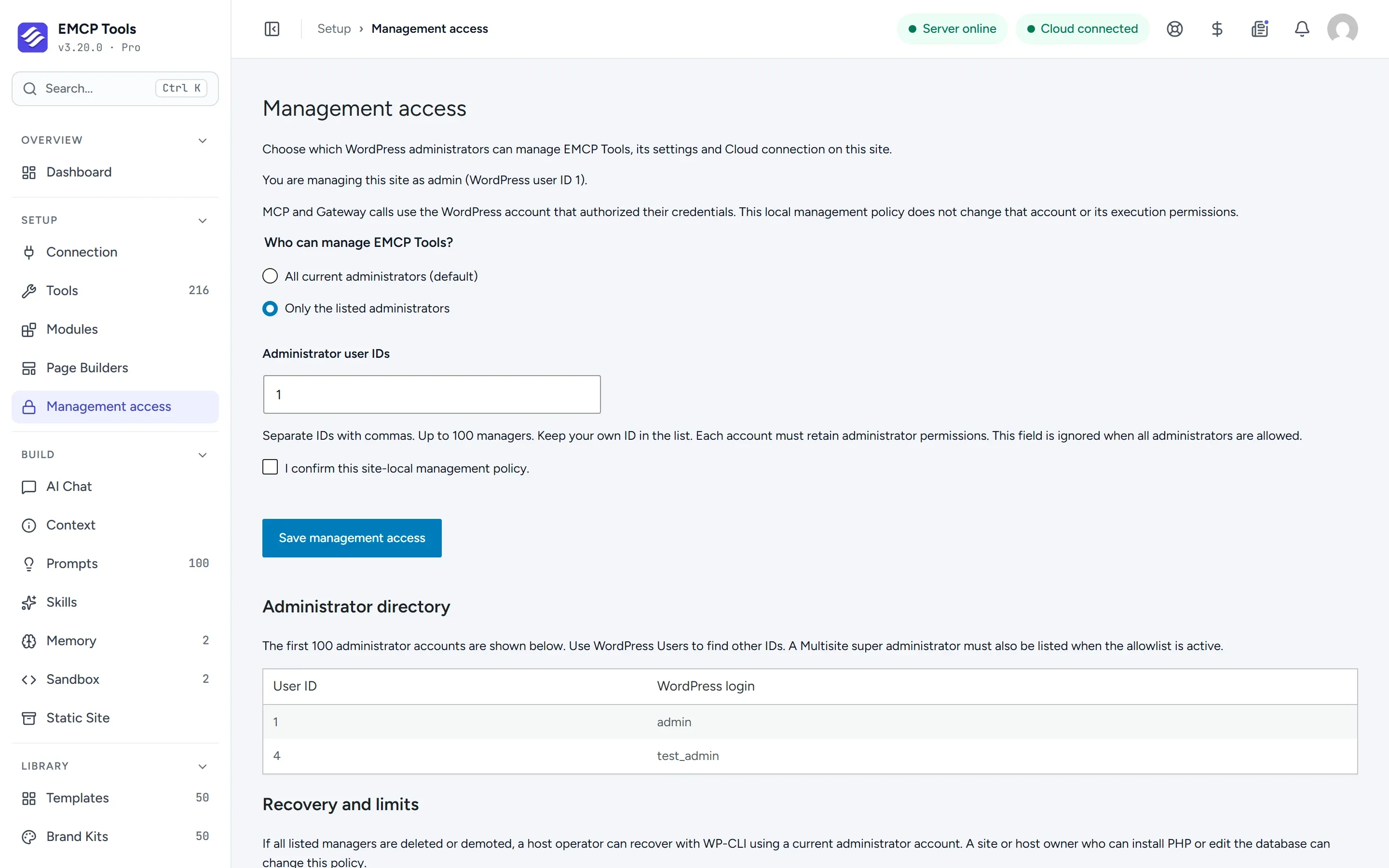 EMCP Management access screen with the option to allow only listed administrators and the administrator directory.