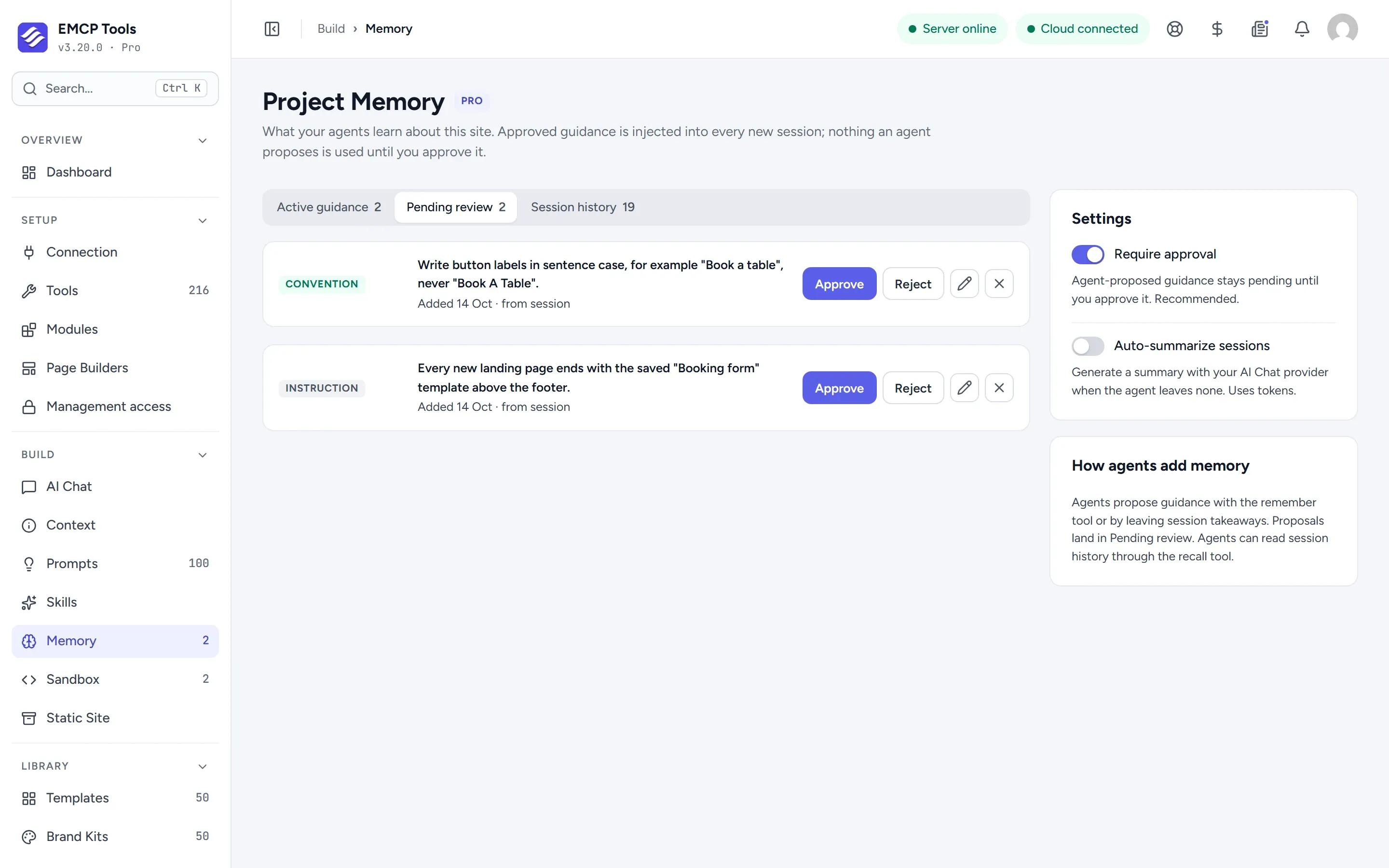 Project Memory screen with two agent proposals waiting for review, each with Approve and Reject buttons.