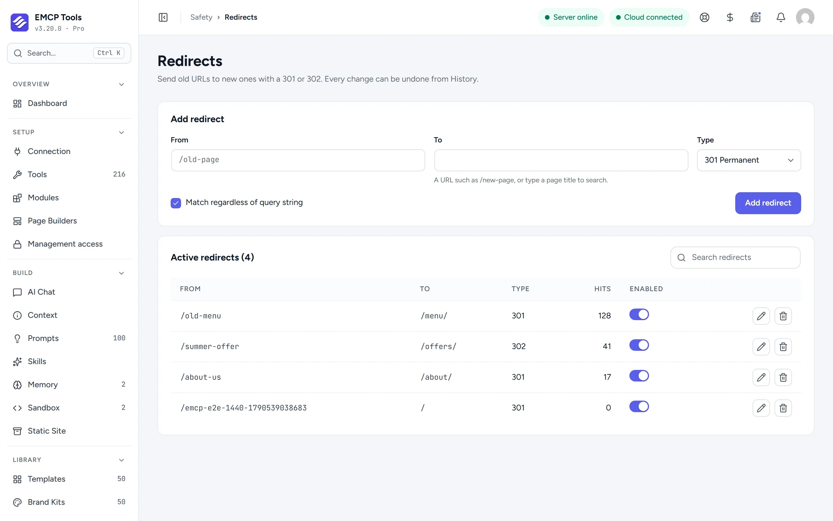 EMCP Redirects screen with the Add redirect form and a table of active redirects with their hit counts.