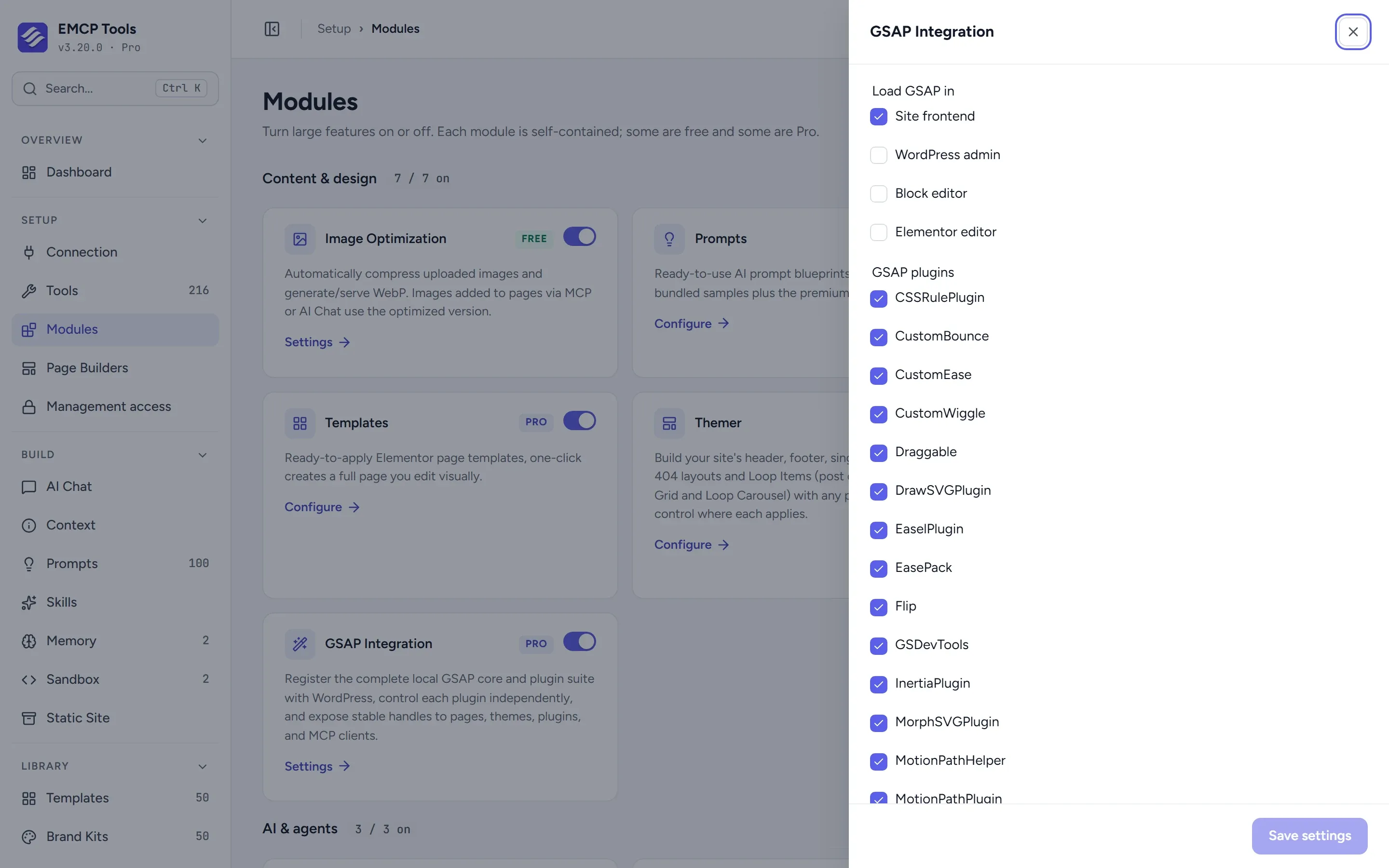 GSAP Integration settings with checkboxes for where GSAP loads and for each GSAP plugin such as Draggable, Flip and MorphSVGPlugin.