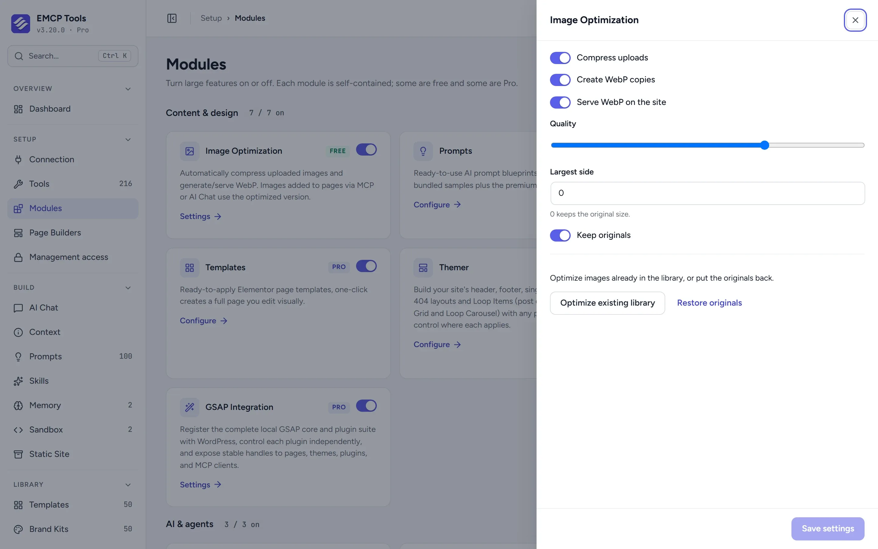 Image Optimization settings with compression, WebP creation and serving, quality, largest side and keep originals, plus buttons to optimize the library or restore originals.