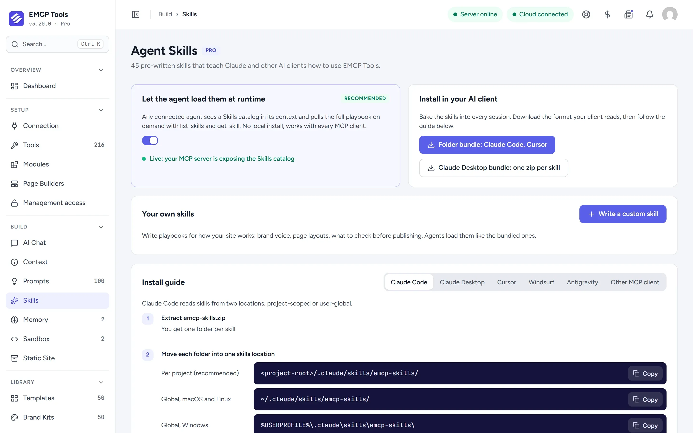 EMCP Skills screen showing runtime delivery switched on, download bundles for AI clients and an install guide.