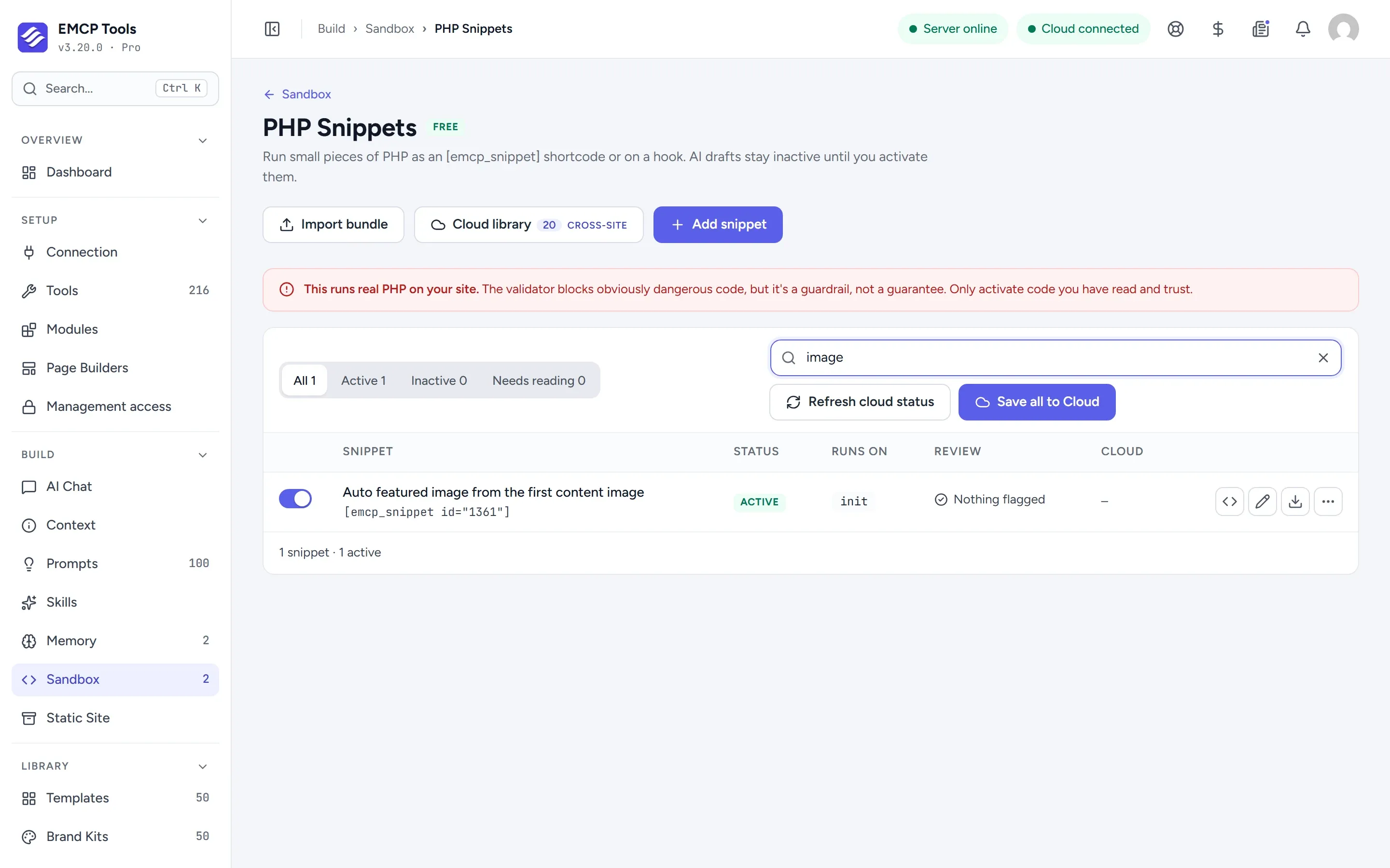 PHP Snippets list filtered to an active snippet that sets a featured image from the first content image.