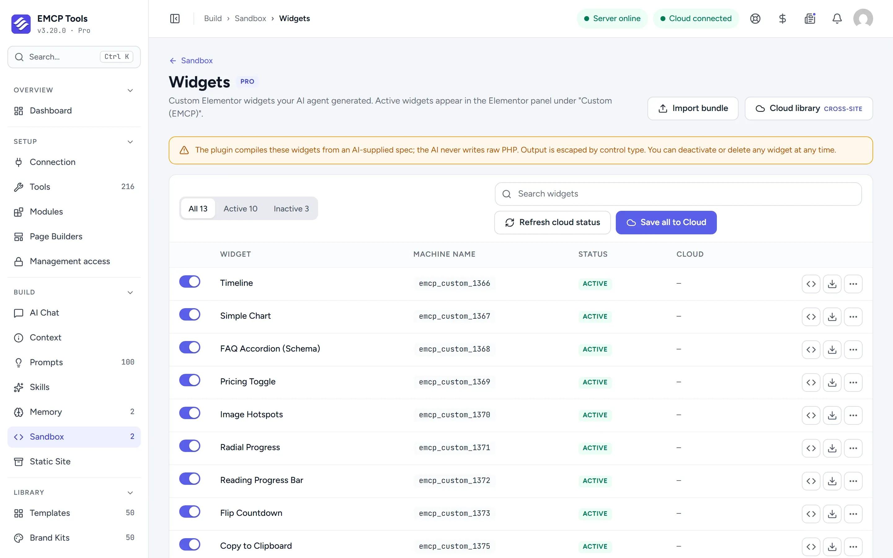 Sandbox Widgets screen listing custom widgets such as Timeline, Pricing Toggle and Image Hotspots, each switched on.