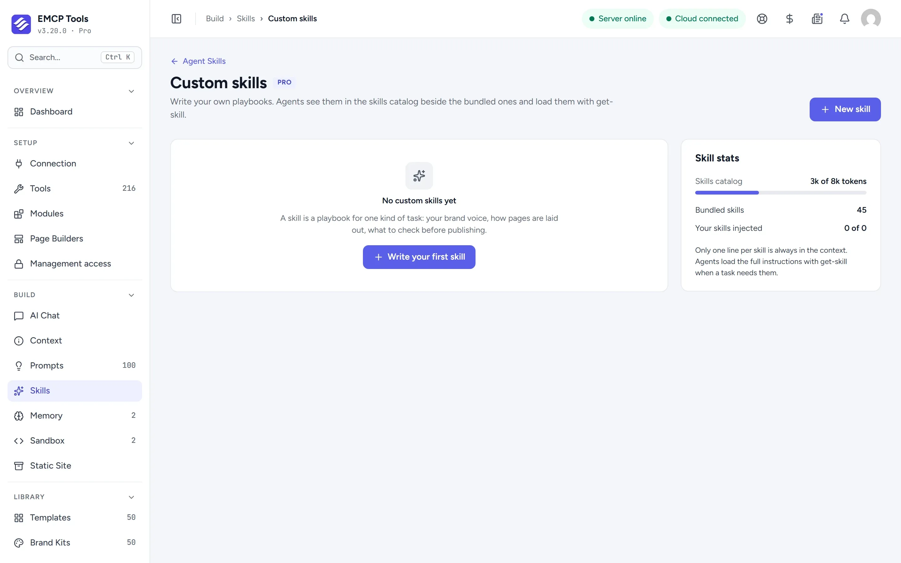 Custom skills screen with a button to write a skill and a panel showing the skills catalog size against its token budget.