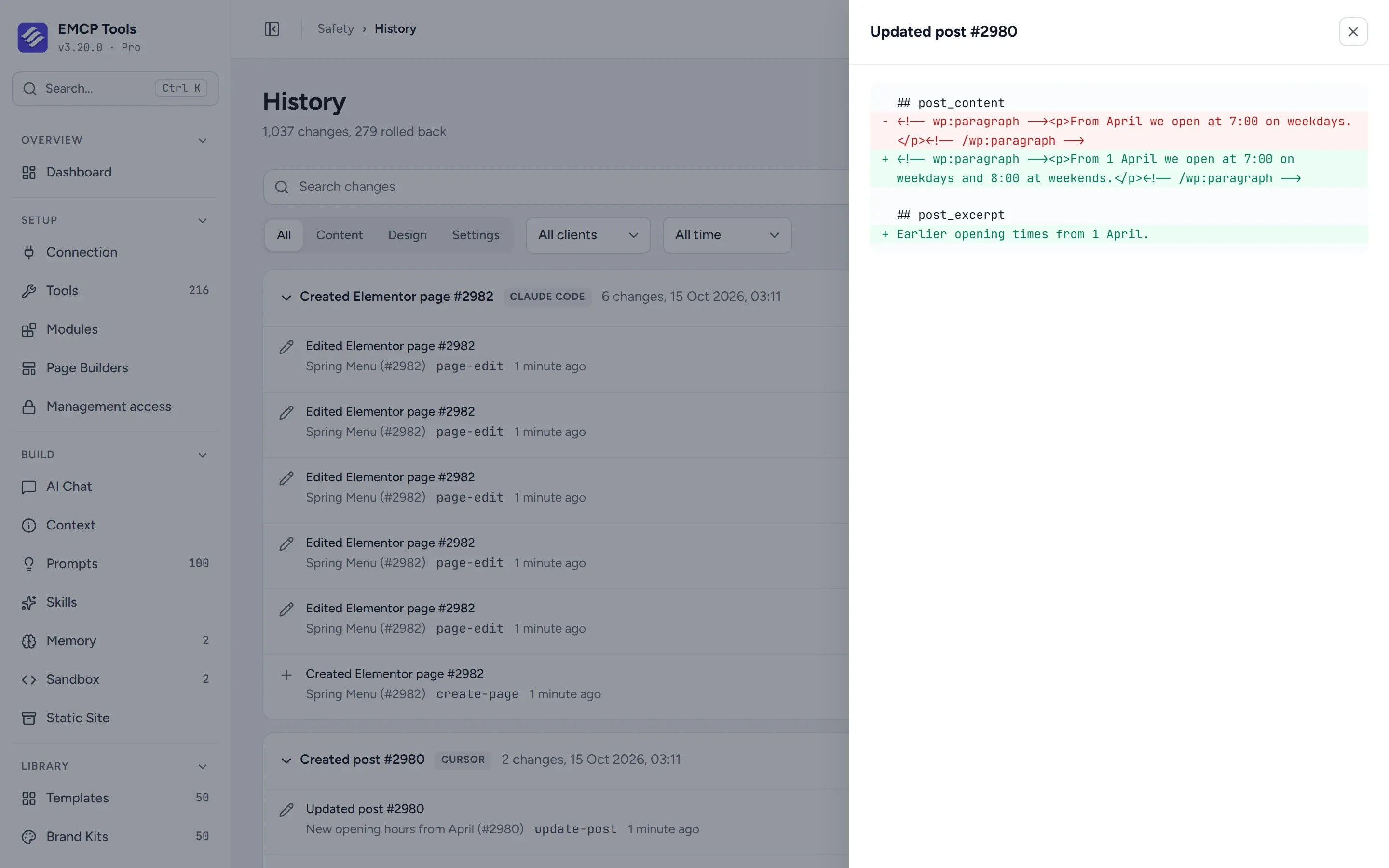 History difference panel showing the old and new text of a post edited by an AI client.