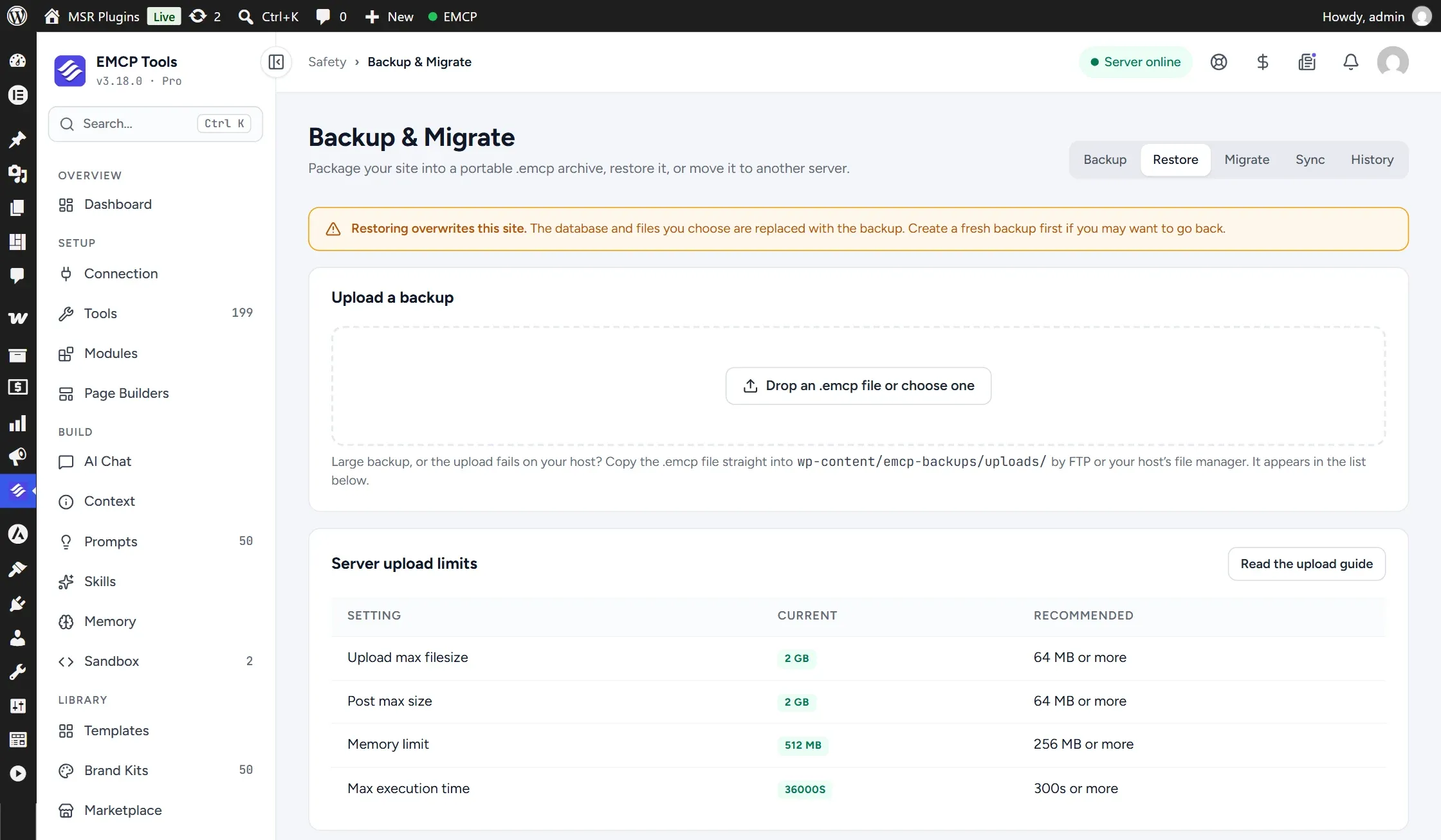 EMCP Restore section with the archive upload area and backups available to restore.
