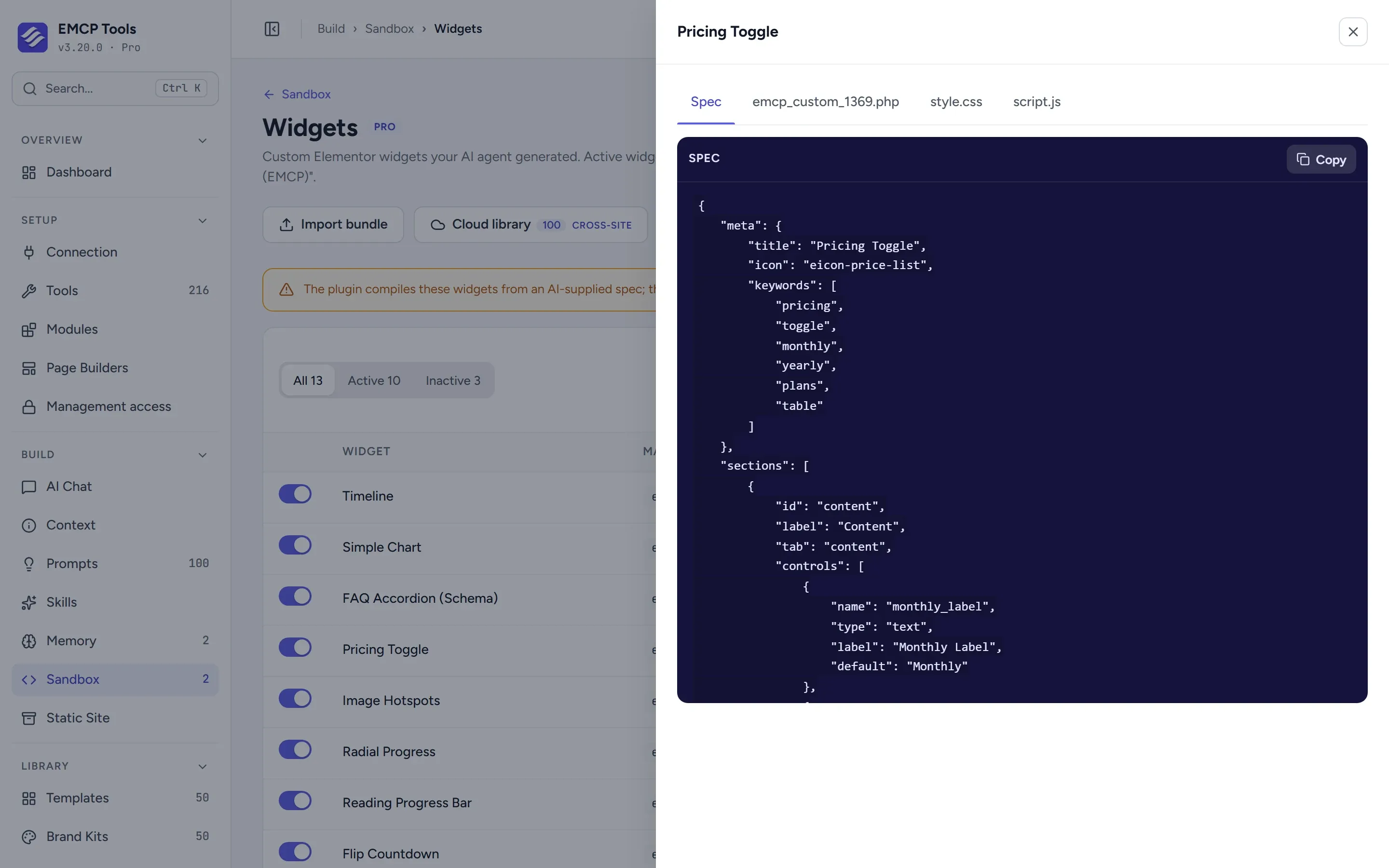 Code review panel for a Pricing Toggle widget showing its spec as JSON, with tabs for the generated PHP, CSS and JavaScript.