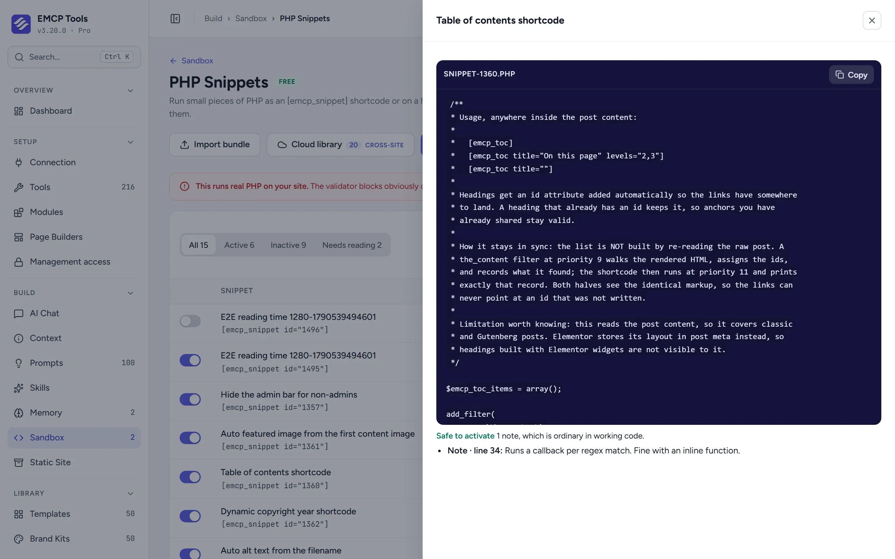 Snippet review panel showing the PHP of a table of contents shortcode and the validator verdict Safe to activate with one note.