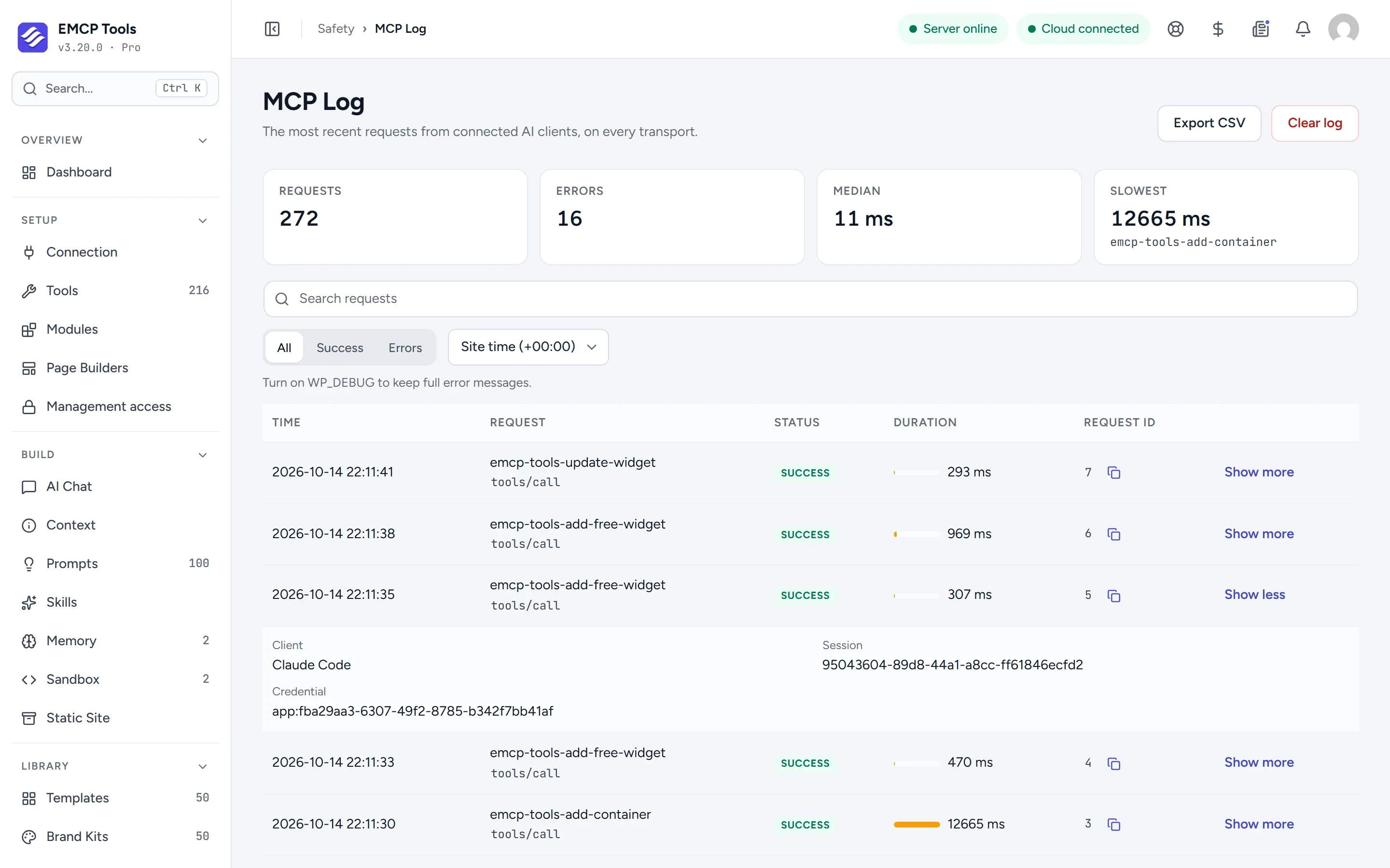 An expanded MCP Log row showing the Claude Code client, its session ID and the credential it used.