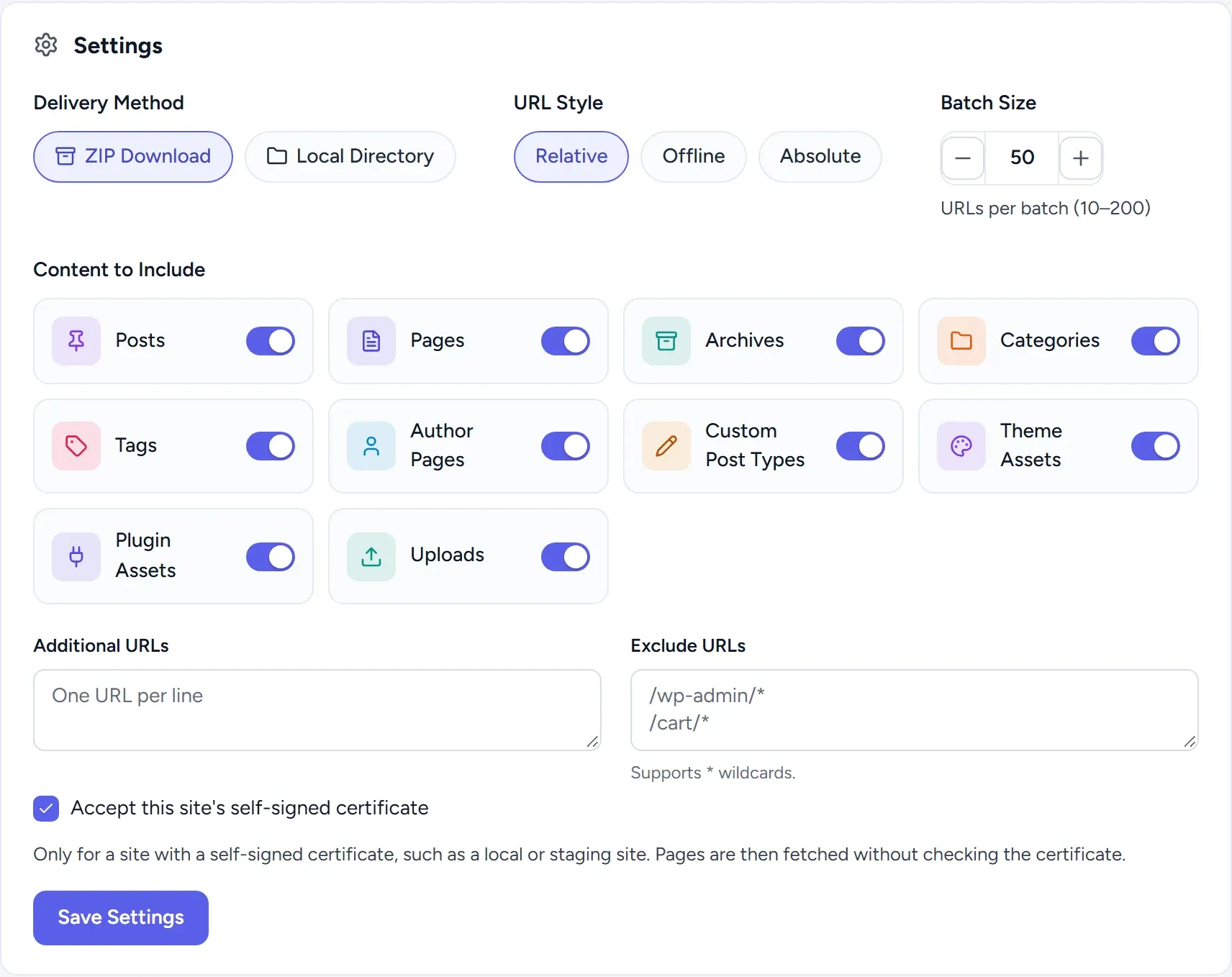Static Site settings: delivery method ZIP Download or Local Directory, URL style Relative, Offline or Absolute, batch size 50, and switches for posts, pages, archives, categories, tags, author pages, custom post types, theme assets, plugin assets and uploads.