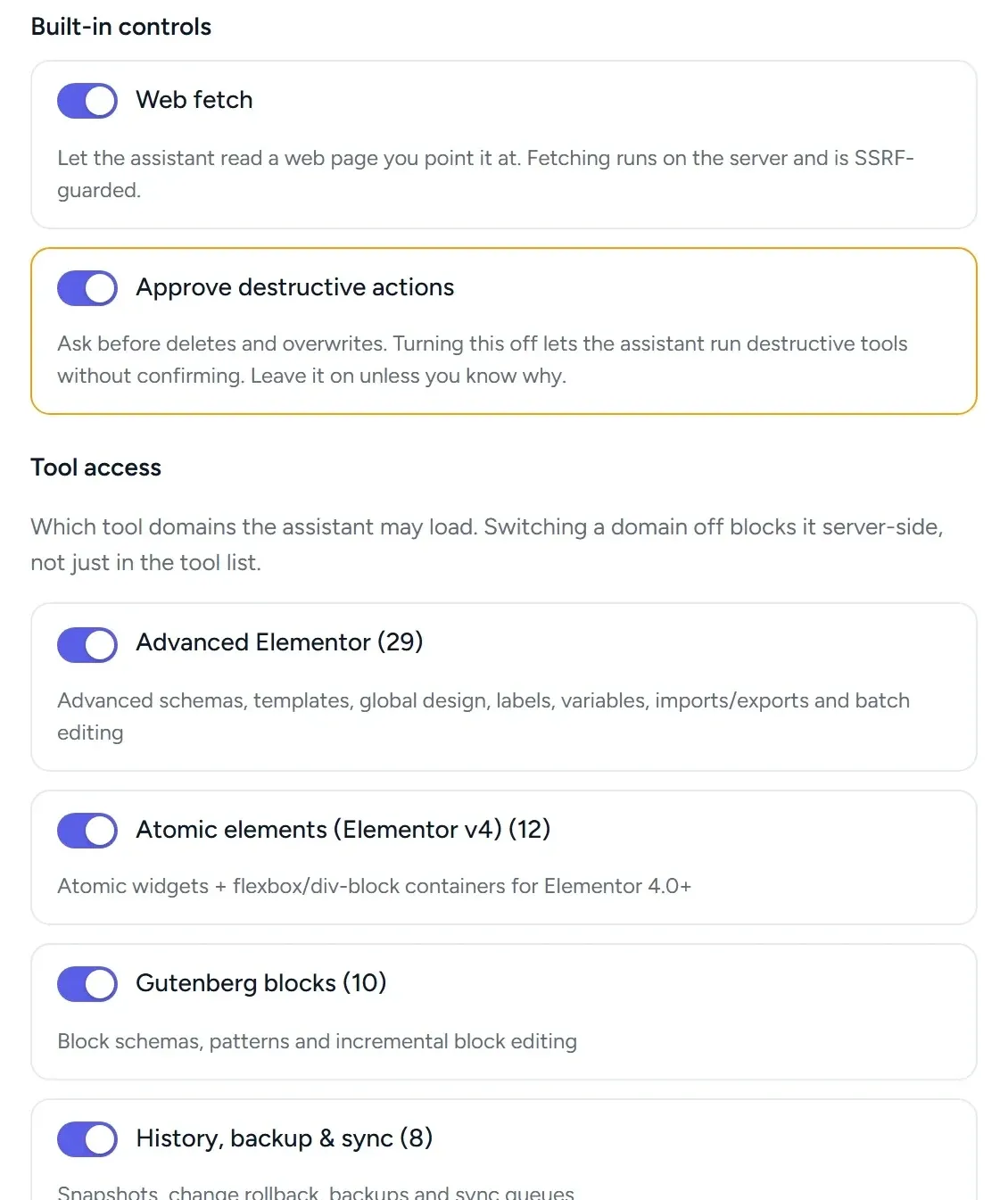 AI Chat settings with Web fetch and Approve destructive actions switched on, and per-domain tool access switches.