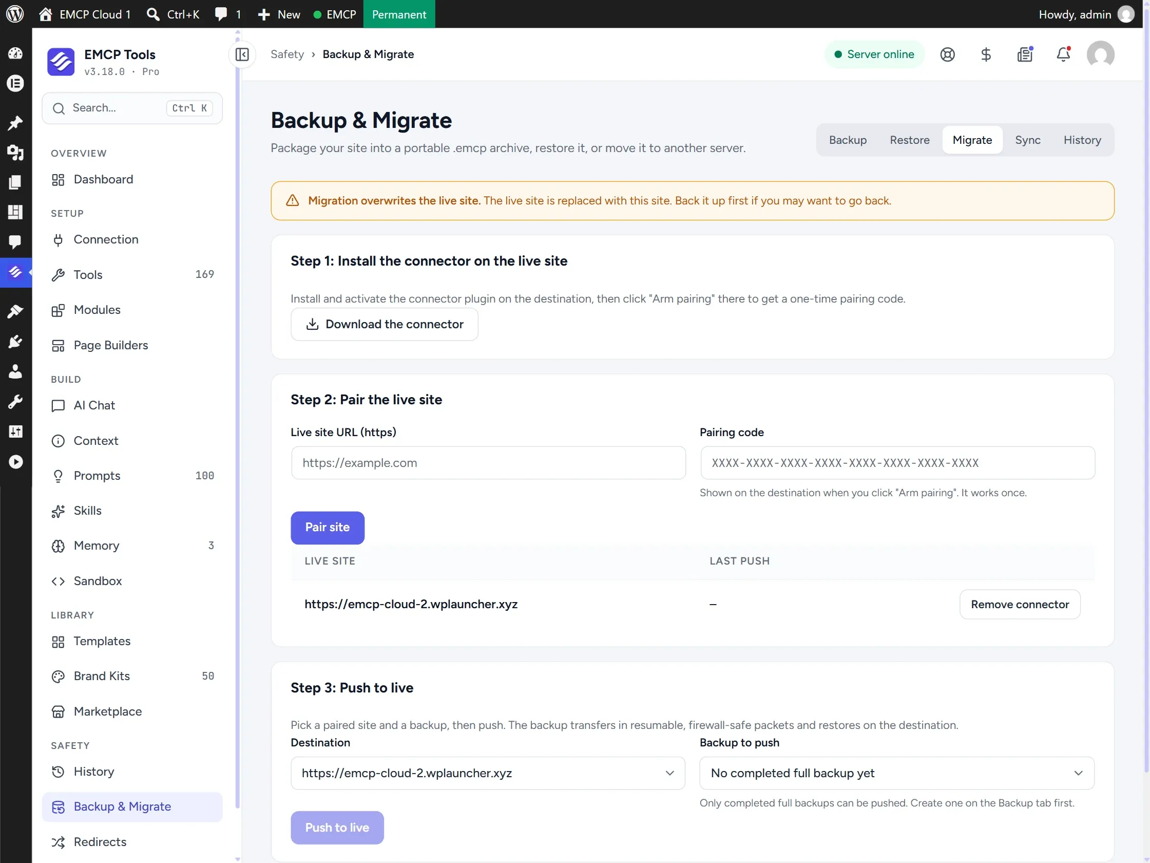 EMCP Migrate section with connector download, pairing and push to live steps.