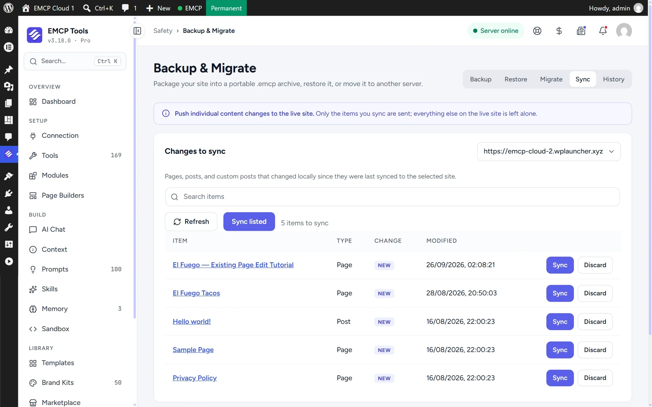 EMCP Sync section listing local changes ready to push to a paired live site.