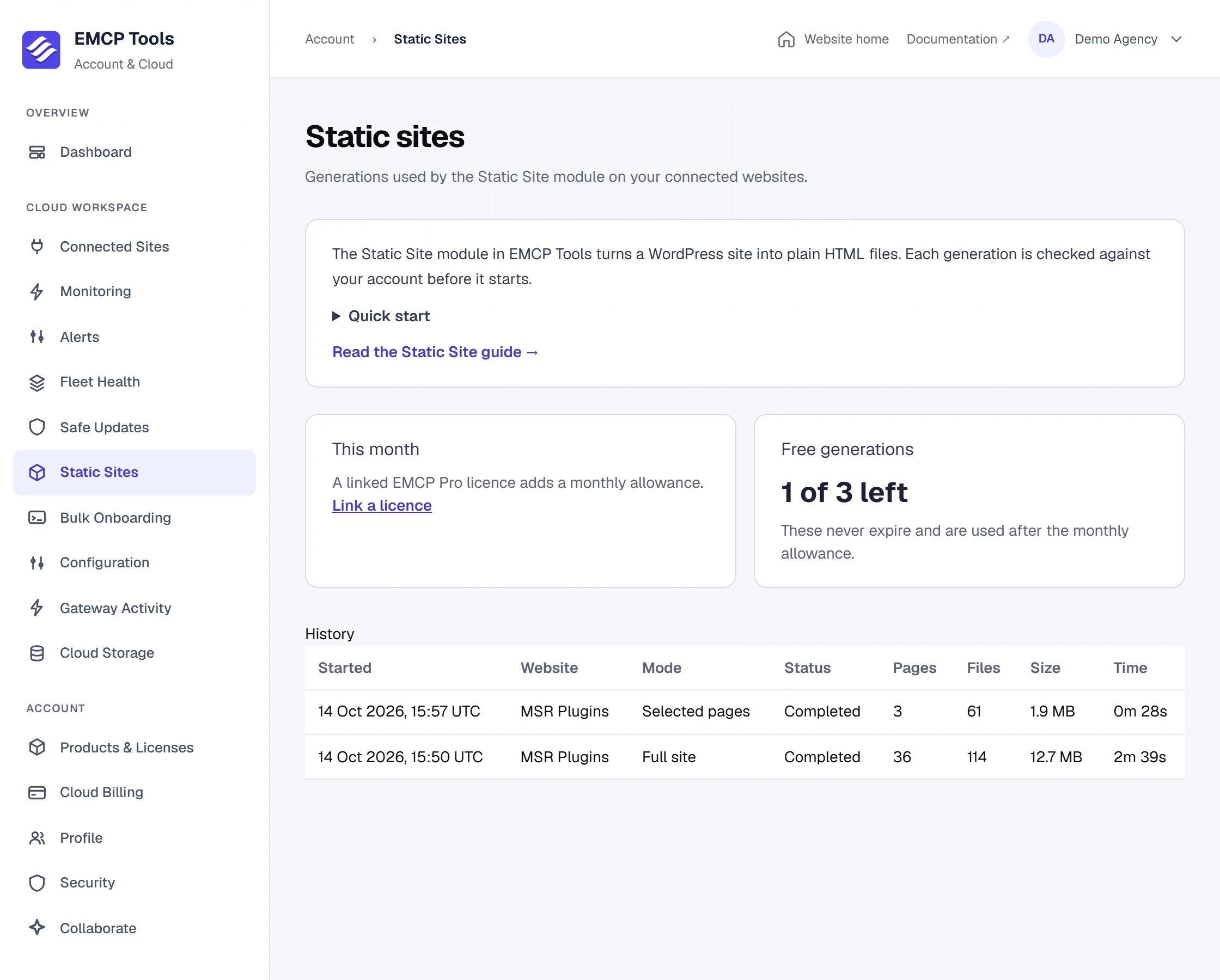 EMCP Cloud account page Static sites with the monthly allowance card, Free generations 2 of 3 left, and a history table listing a completed full site generation with 36 pages, 114 files, 12.7 MB in 2 minutes 39 seconds.
