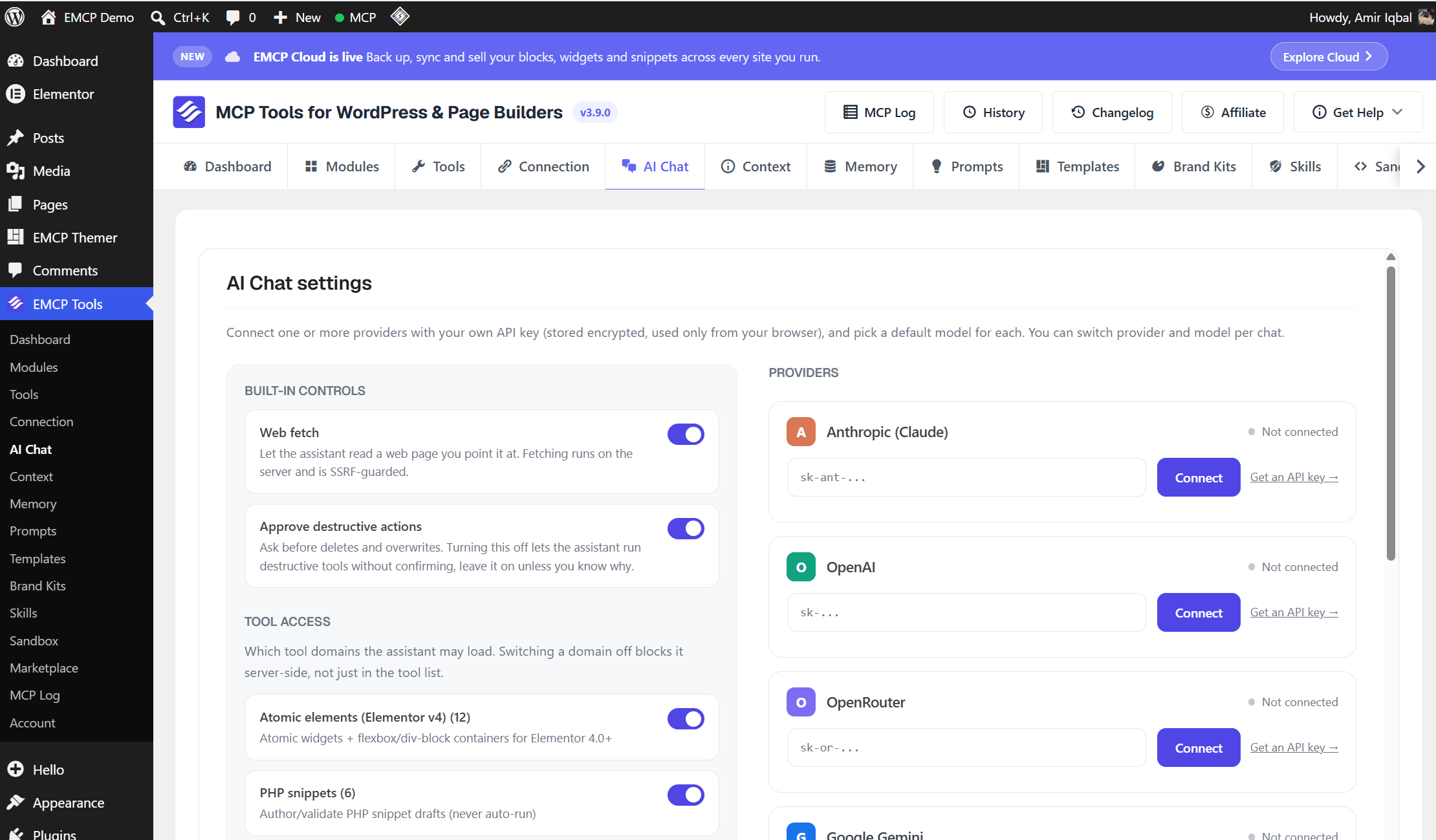 EMCP Tools → AI Chat admin screen with the conversation sidebar and provider/model picker