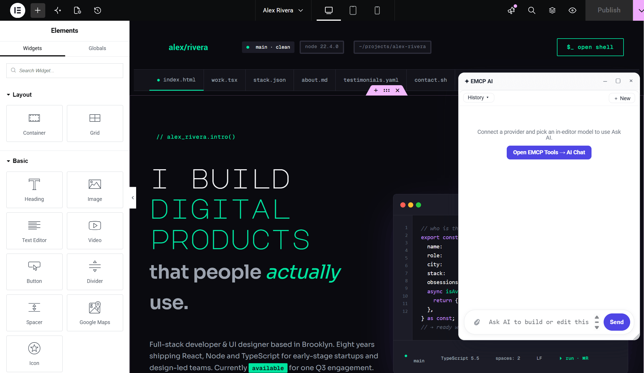 Elementor editor with the AI Chat floating panel and chat-bubble launcher open