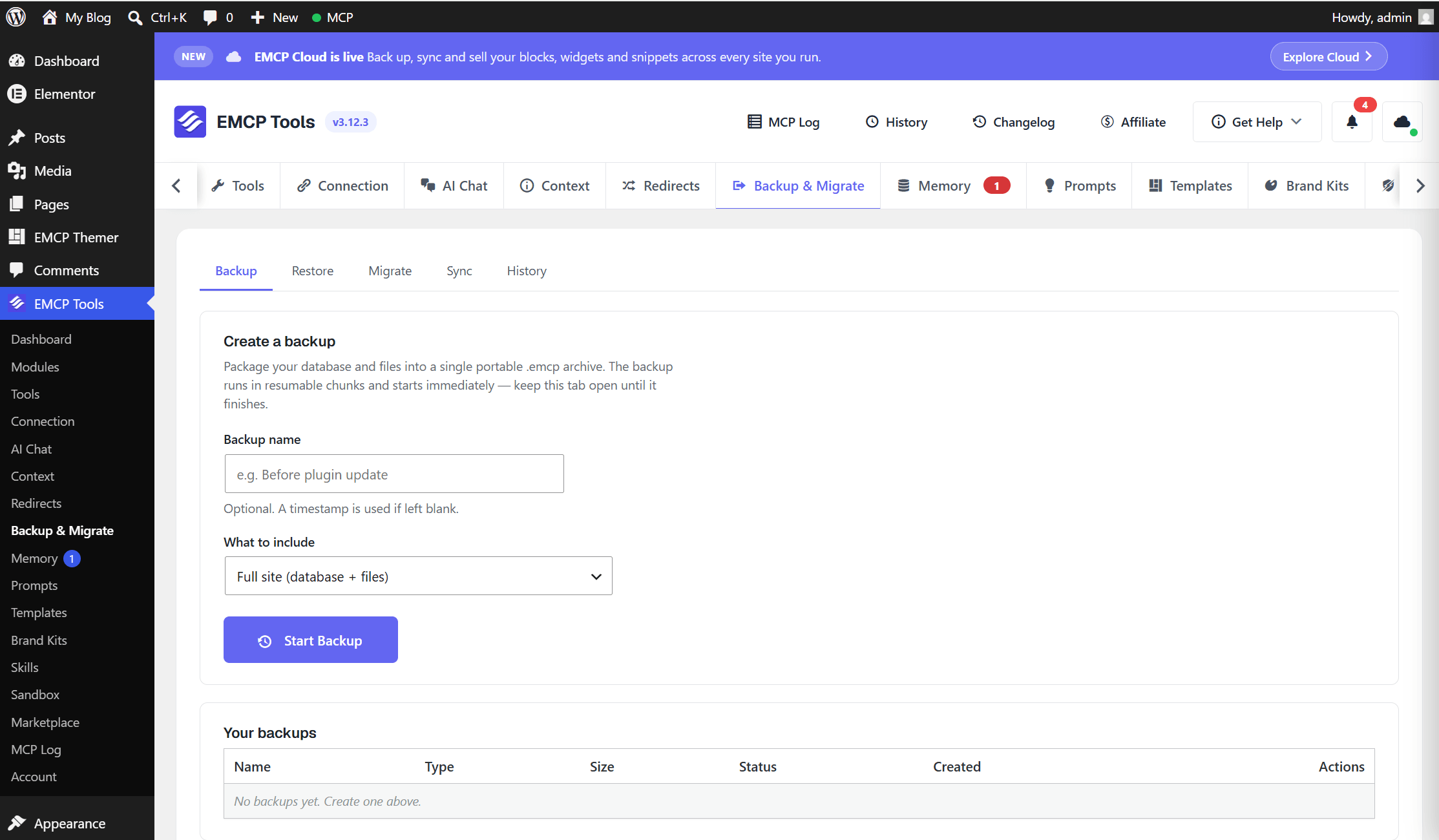 EMCP Tools → Backup, Sync & Migrate → Backup tab, with the Create a backup form and the Available to restore list