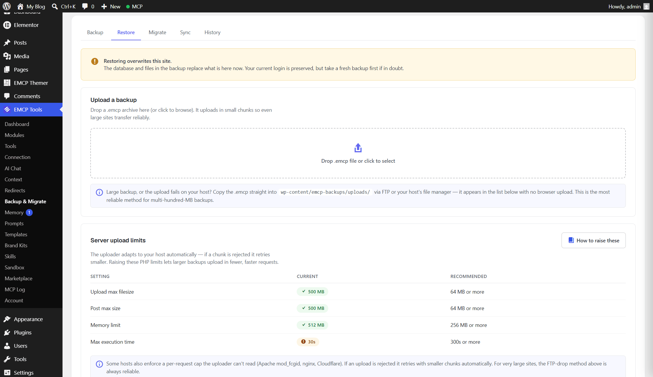 EMCP Tools → Backup, Sync & Migrate → Restore tab, with the upload dropzone and the server upload limits panel