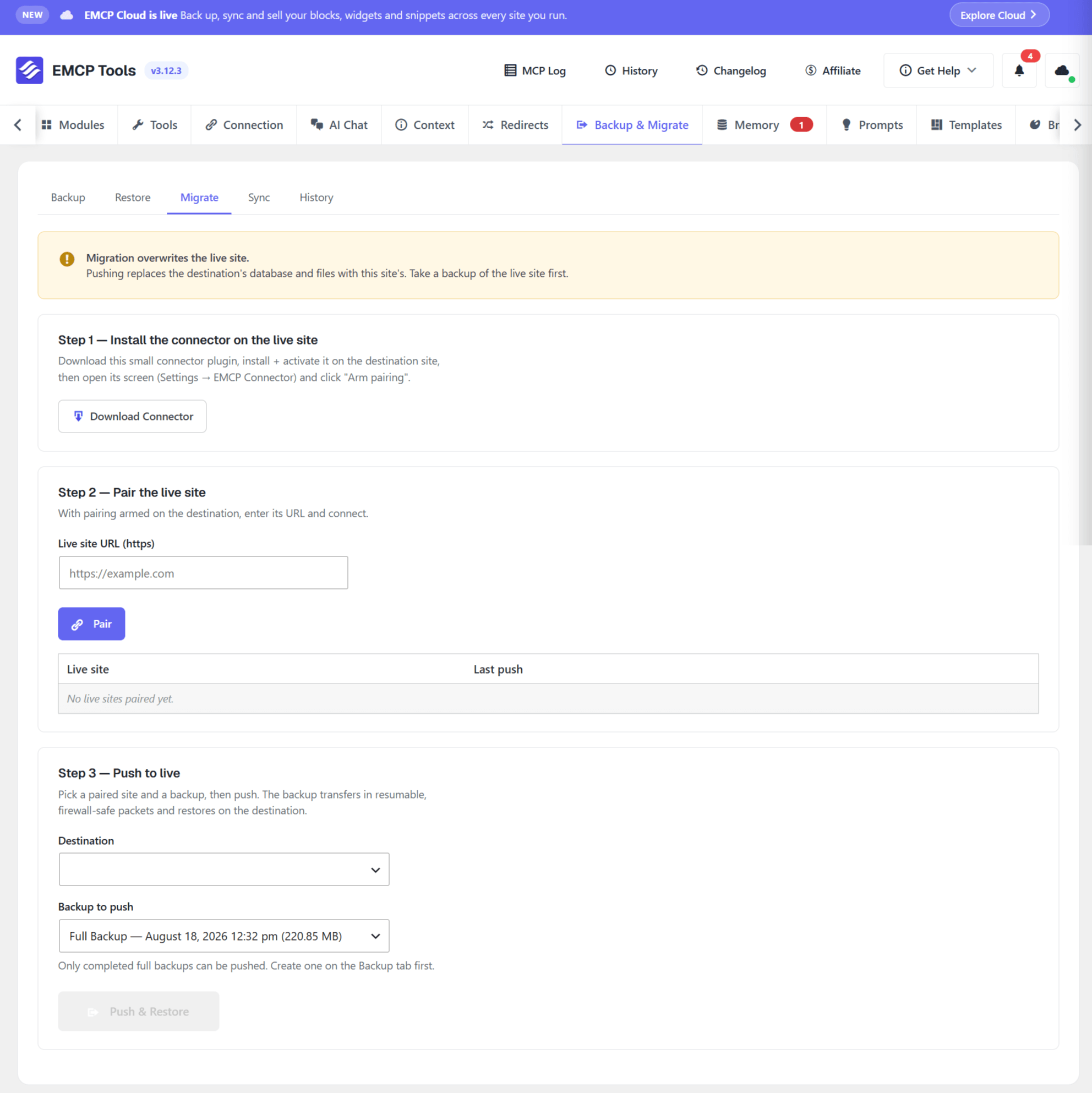 EMCP Tools → Backup, Sync & Migrate → Migrate tab, showing the three-step download-pair-push flow and the paired targets table