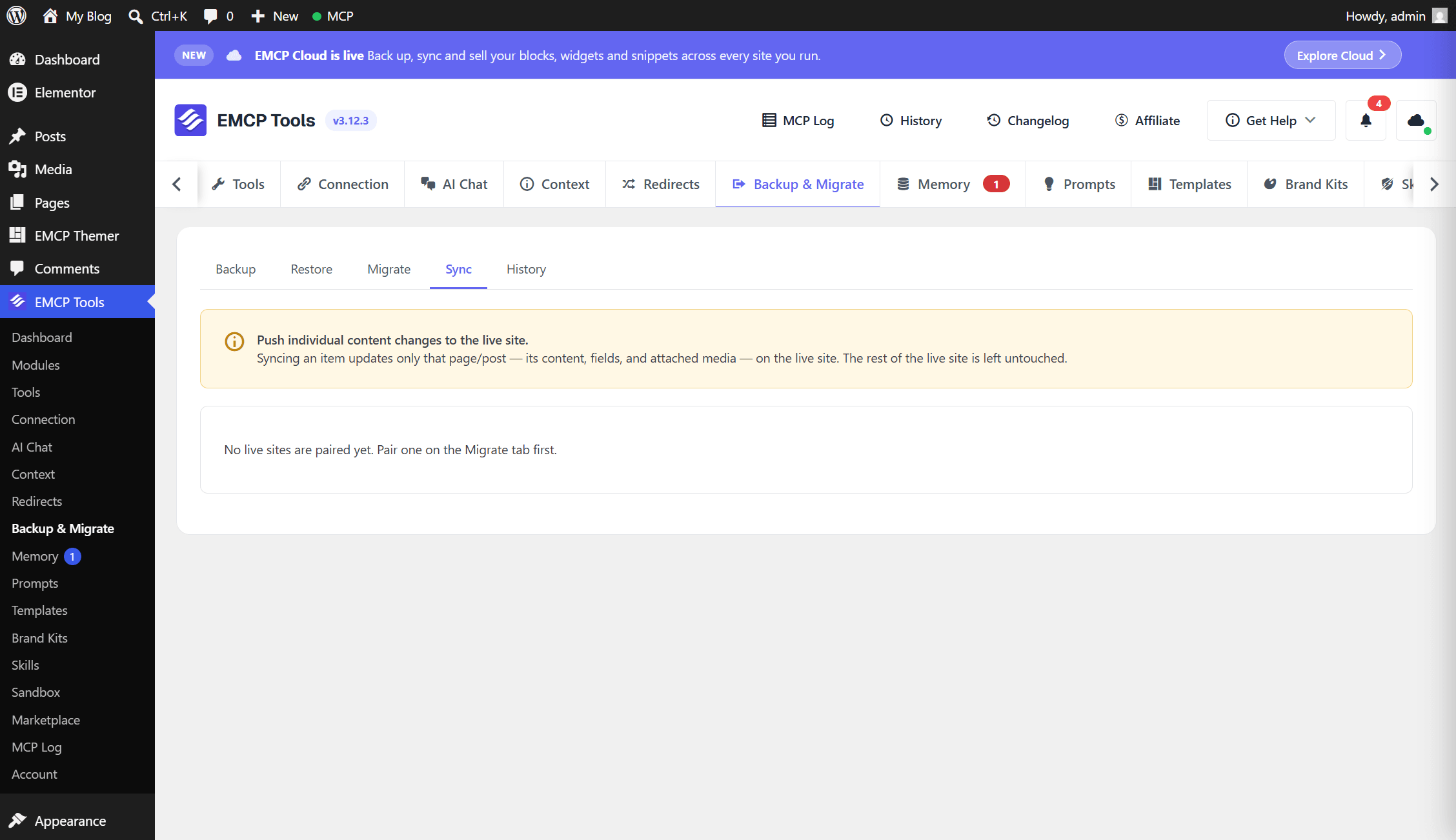 EMCP Tools → Backup, Sync & Migrate → Sync tab, with the Changes to sync list and its Sync/Discard row actions