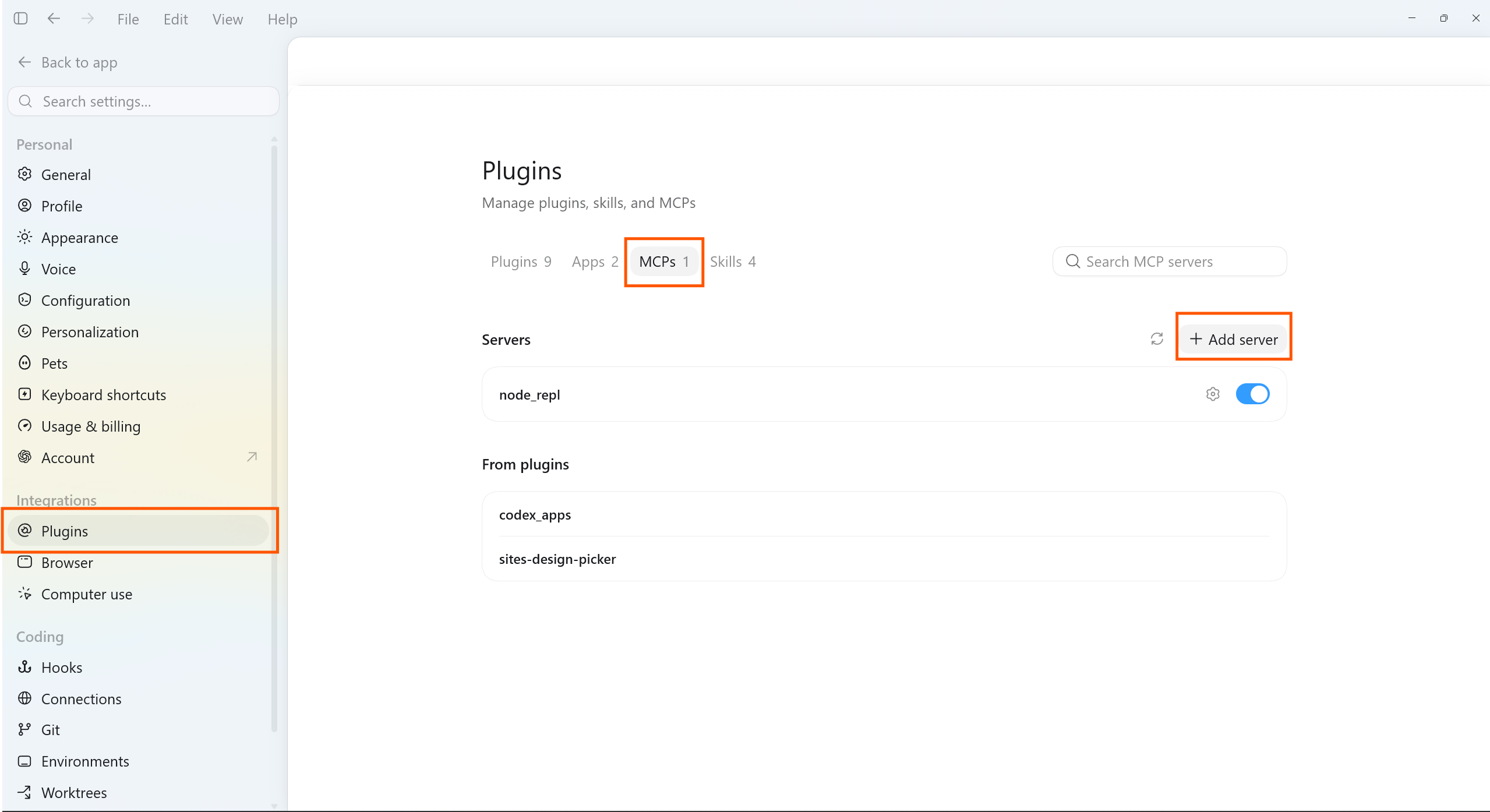 ChatGPT app Plugins settings, MCPs tab with the Add server button