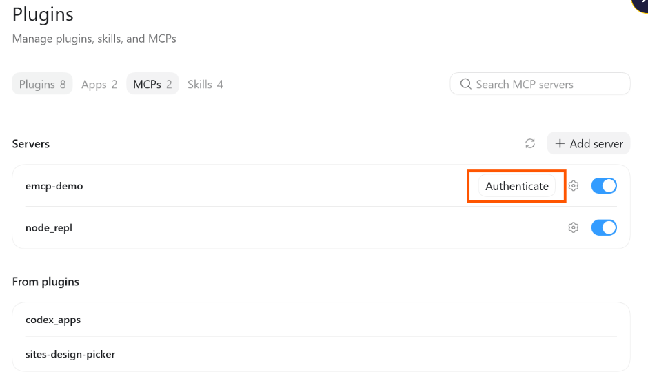 Server row with the Authenticate button