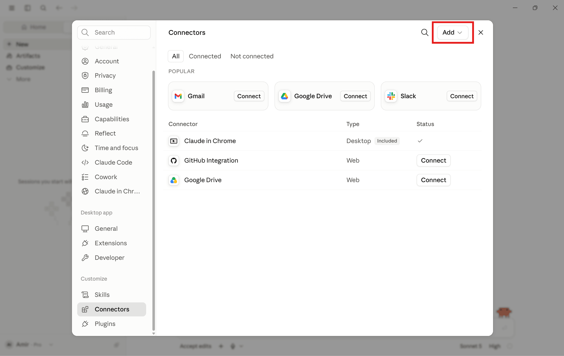 Claude Desktop Settings, Connectors tab with Add custom connector button