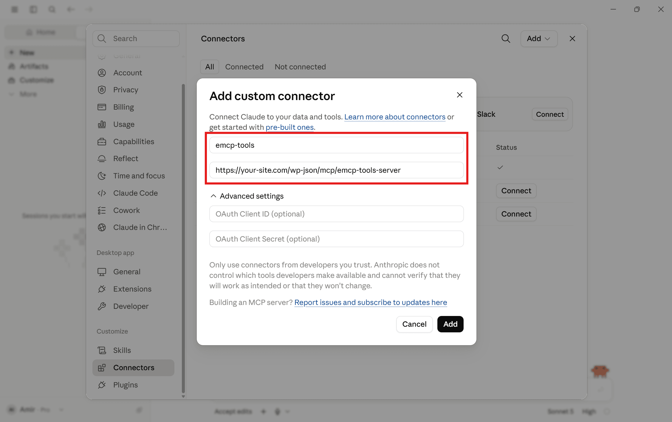 Add custom connector form with name and server URL filled in, Advanced section empty