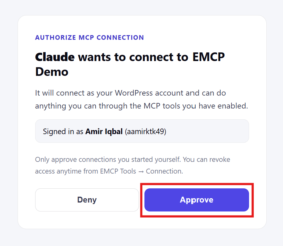 Authorize MCP connection consent screen in the browser with Approve button