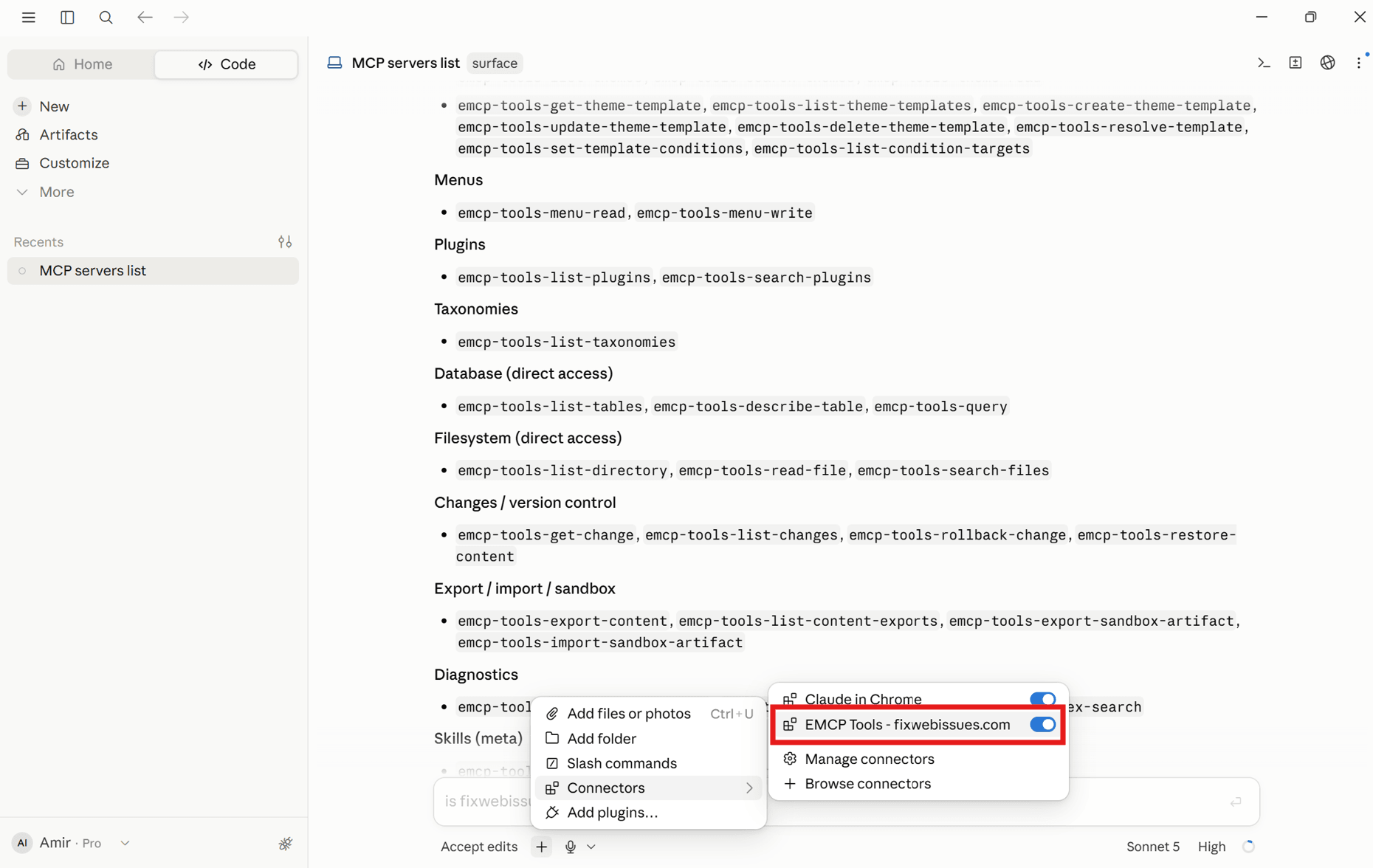 Claude Desktop chat input slider icon showing emcp-tools under Available tools with a tool count