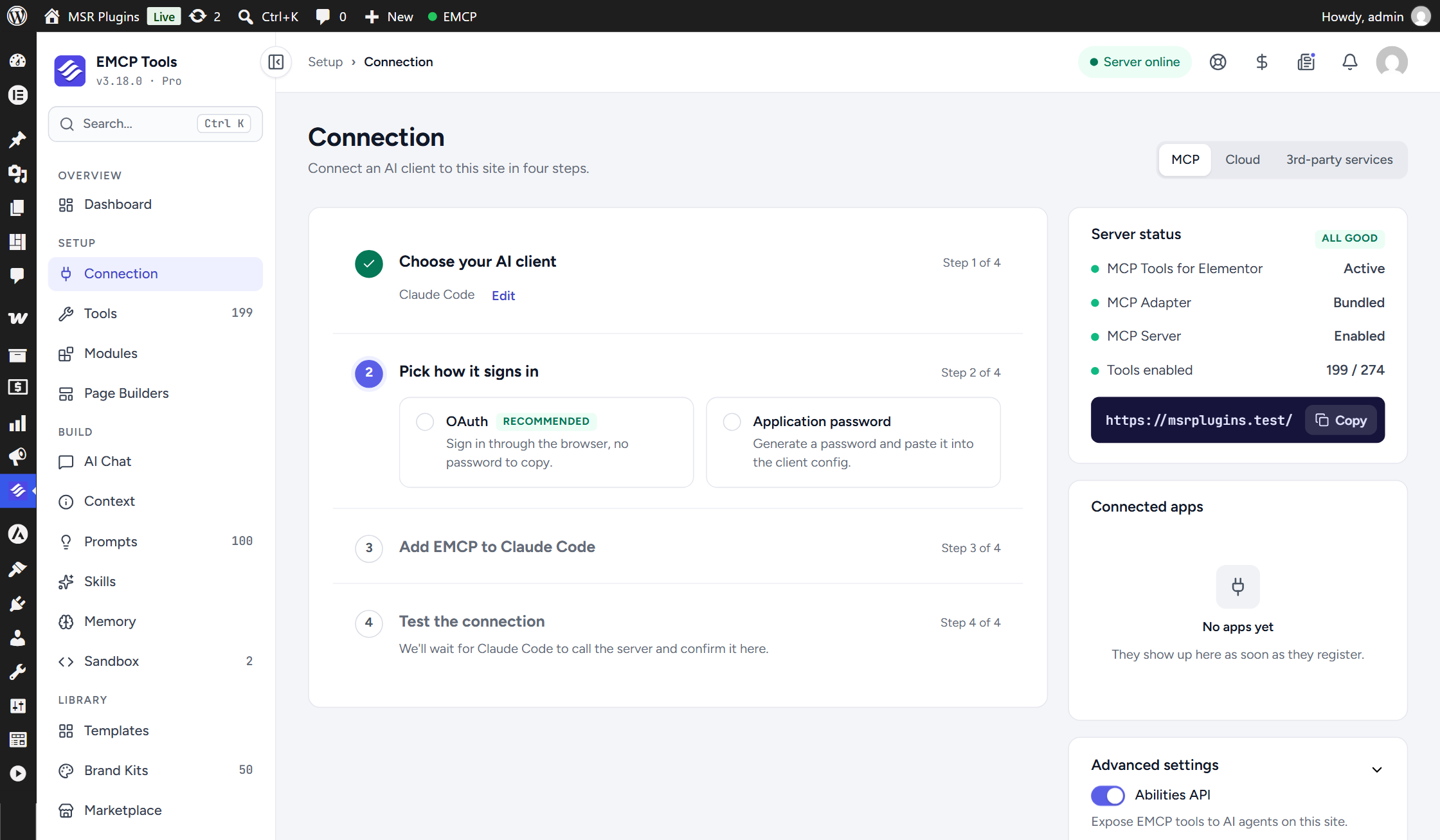 The Connection screen in EMCP Tools 3.18.0, with Claude Code chosen in step 1, OAuth and Application password options in step 2, and a server status panel on the right.