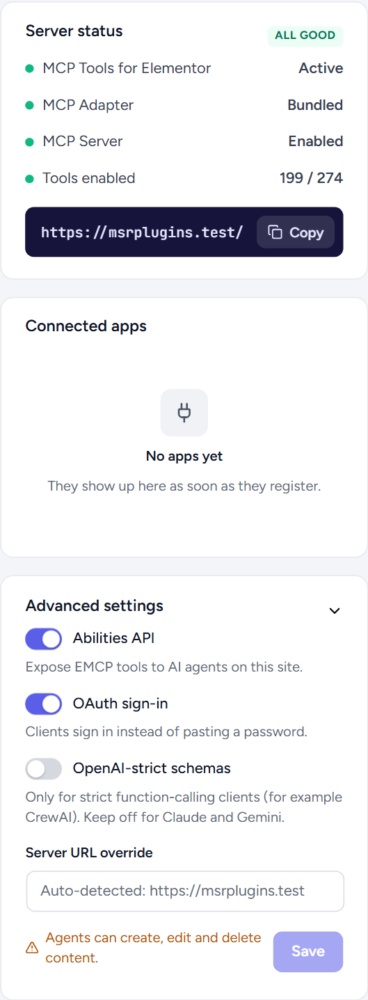 The Connection screen's right column: Server status (All good) with MCP Tools for Elementor Active, MCP Adapter Bundled, MCP Server Enabled, Tools enabled 199 / 274 and the MCP endpoint with Copy; Connected apps with No apps yet; and Advanced settings open with the Abilities API, OAuth sign-in and OpenAI-strict schemas switches, the Server URL override field, the warning "Agents can create, edit and delete content." and a Save button