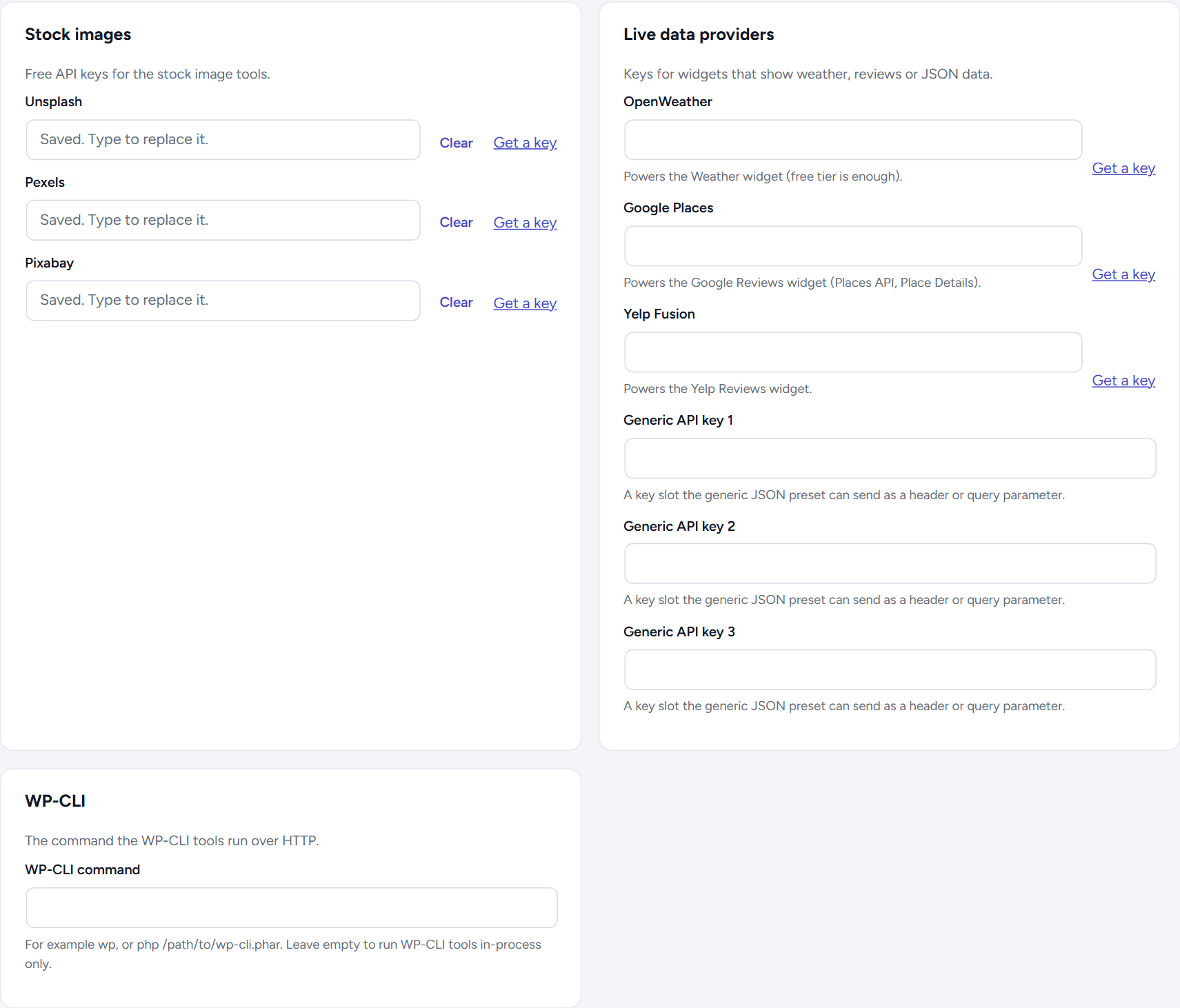 The 3rd-party services section: the Stock images card with Unsplash, Pexels and Pixabay fields showing "Saved. Type to replace it." with Clear and Get a key links; the Live data providers card with OpenWeather, Google Places, Yelp Fusion and Generic API key 1 to 3 fields; and the WP-CLI card with the WP-CLI command field
