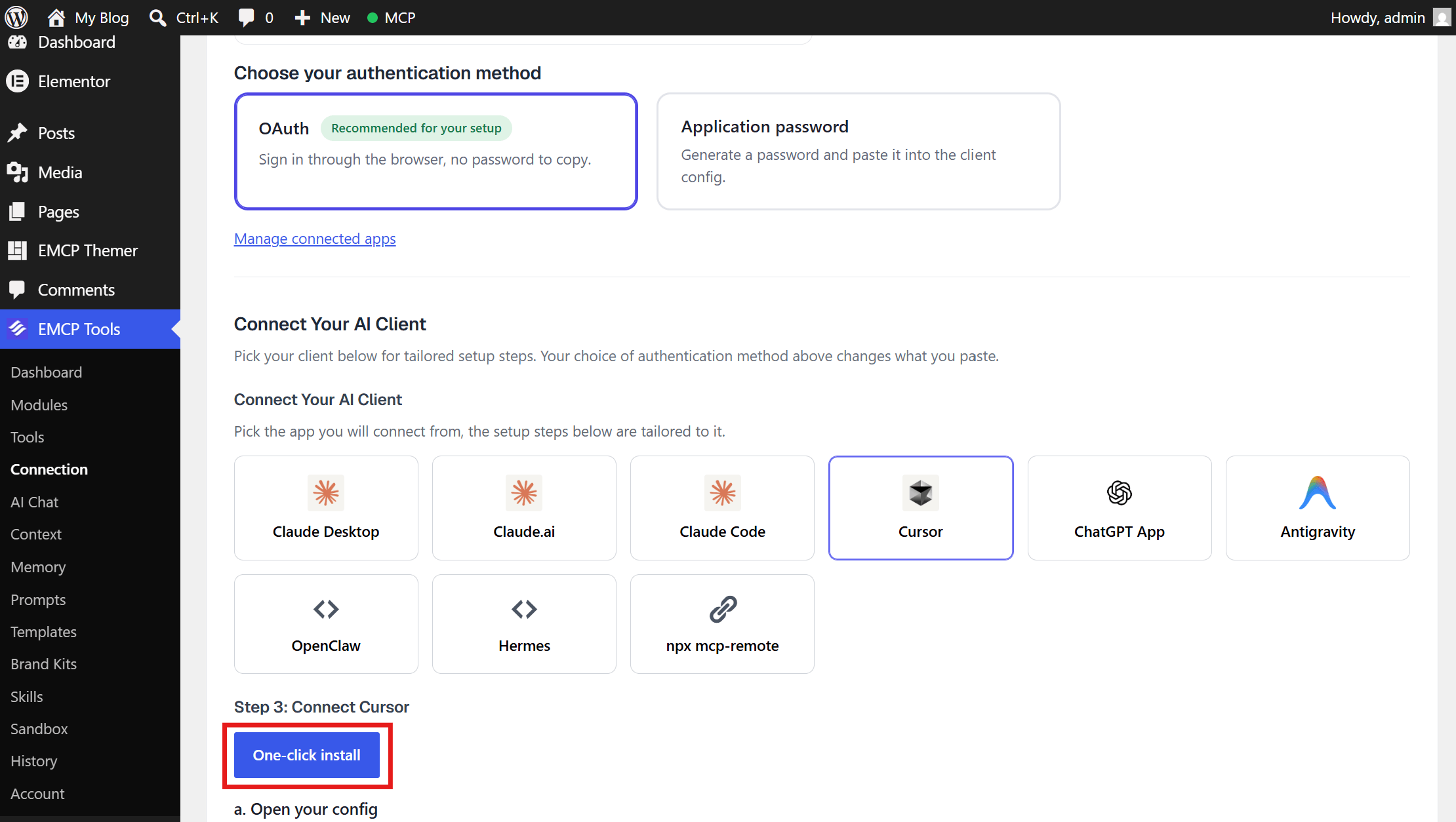 EMCP Tools → Connection screen with the one-click Add to Cursor button