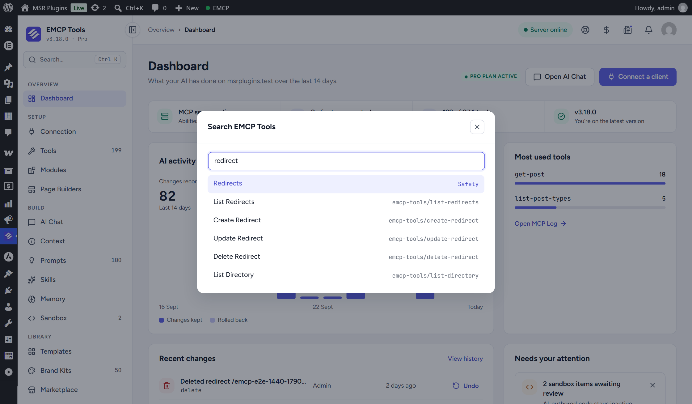 The Search EMCP Tools palette open over the Dashboard with "redirect" typed, listing the Redirects screen in the Safety group first, then the List, Create, Update and Delete Redirect tools with their ability names
