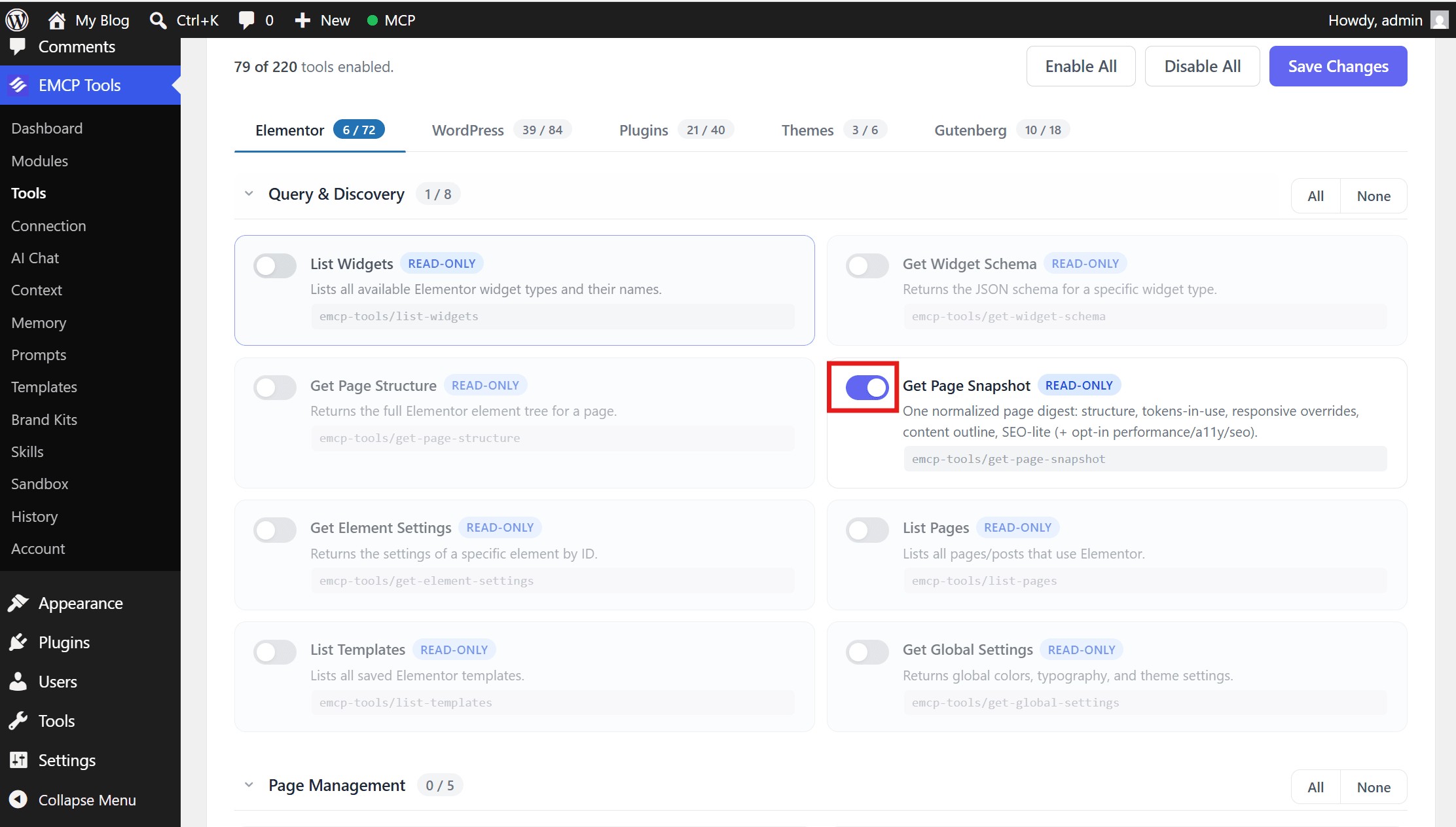 EMCP Tools → Tools screen with an individual tool toggle switched off and the Save Changes button
