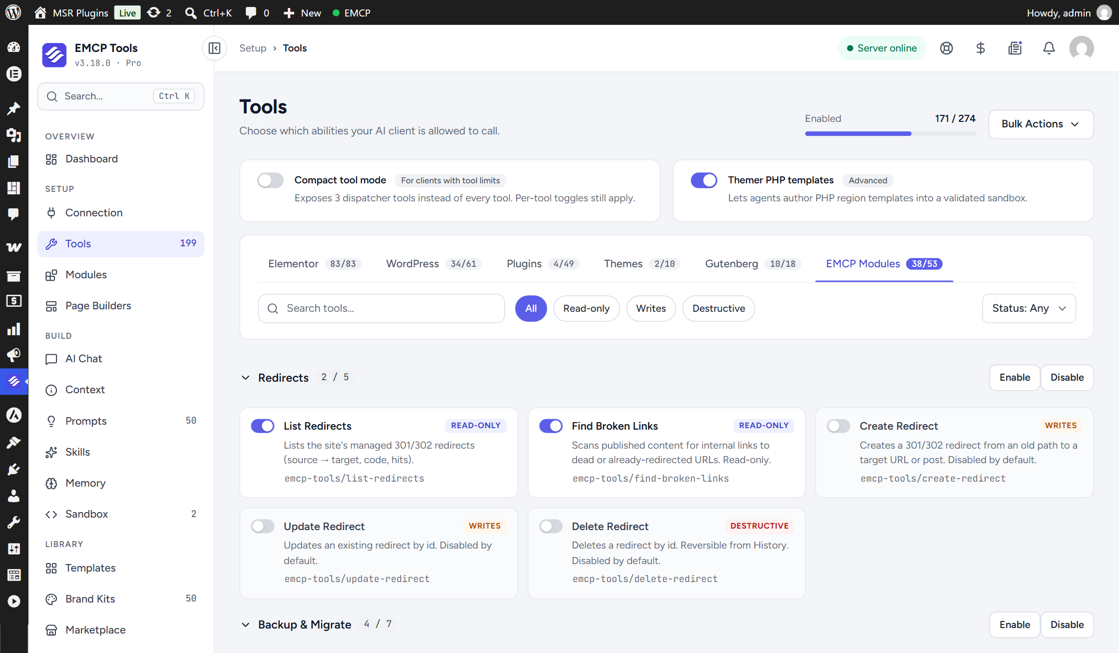 EMCP Tools → Tools screen, the platform tabs with EMCP Modules selected and its Redirects section open