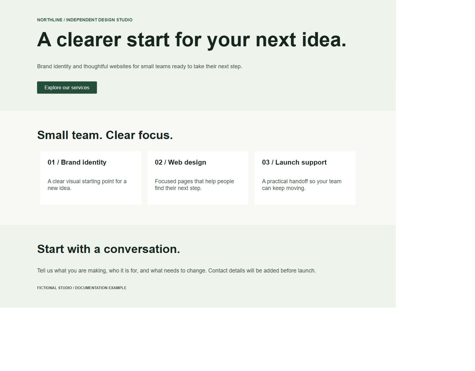 Northline Elementor example on desktop, with the hero, three service cards in a row and contact introduction
