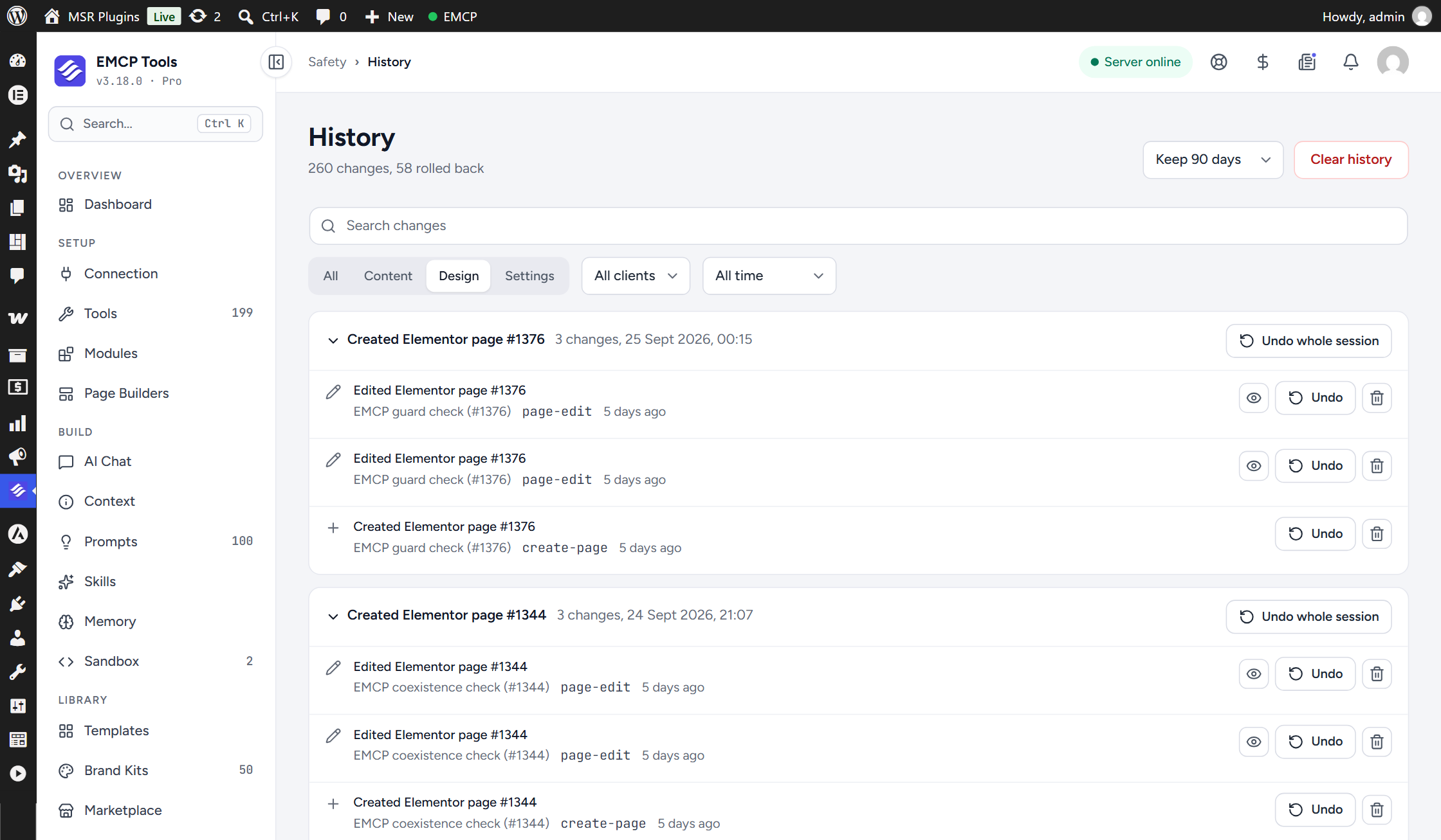The History screen showing changes grouped into sessions, each with an Undo whole session button, and per-change Undo and diff buttons.