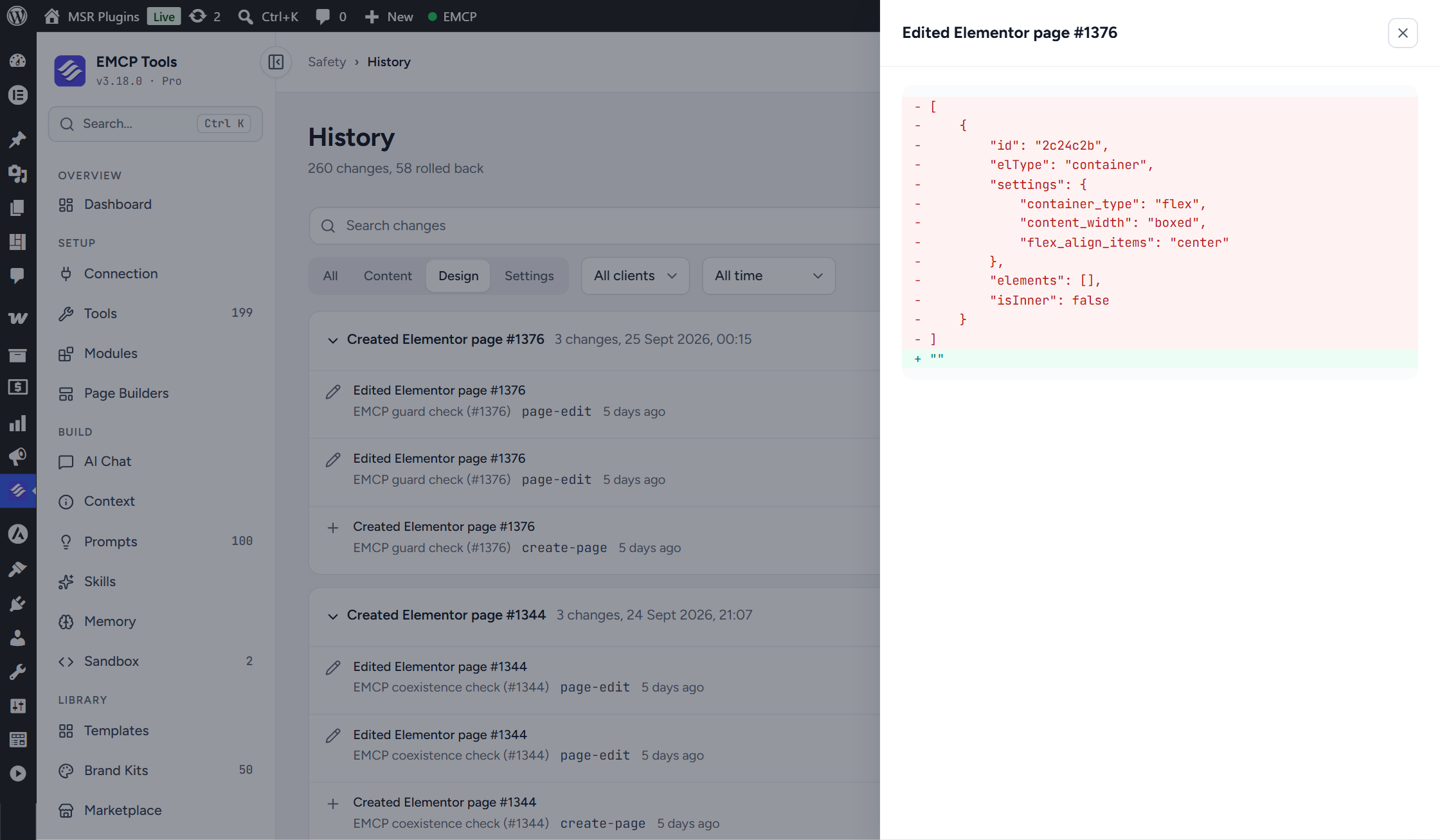 History with the View difference panel open for "Edited Elementor page #1376": the saved Elementor data, a container with its id, elType, settings and empty elements list, shown as removed lines, and the current value, an empty string, shown as one added line