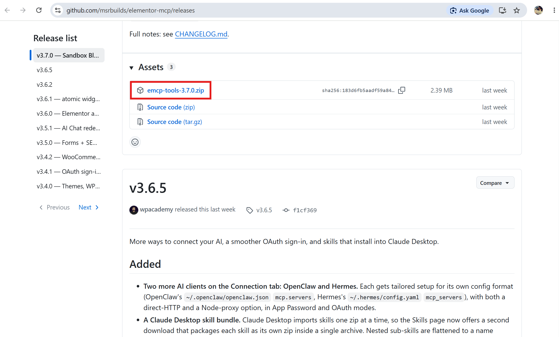 GitHub Releases page for EMCP Tools with the latest emcp-tools zip asset highlighted