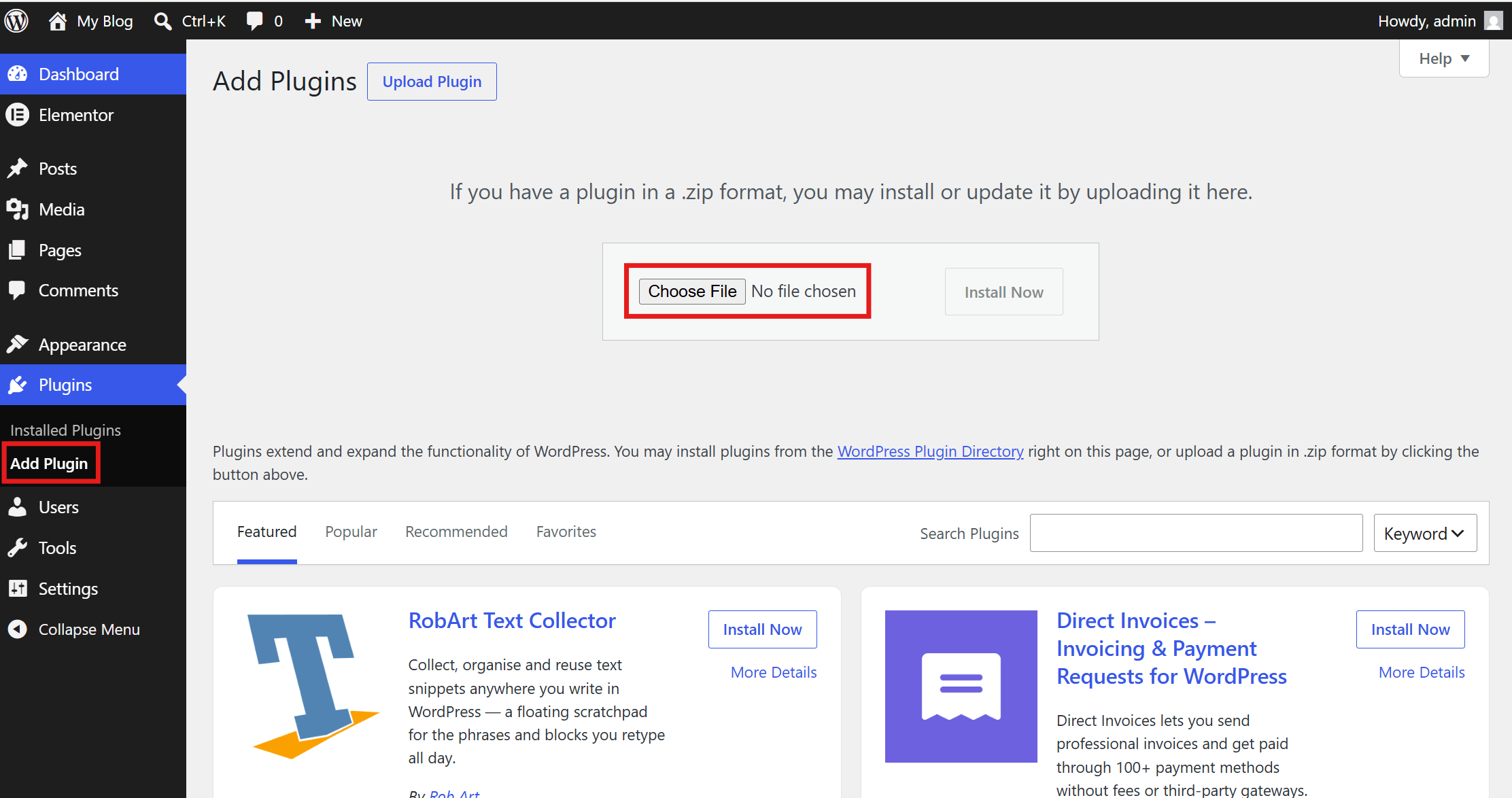 WordPress admin Plugins → Add New screen with the Upload Plugin button