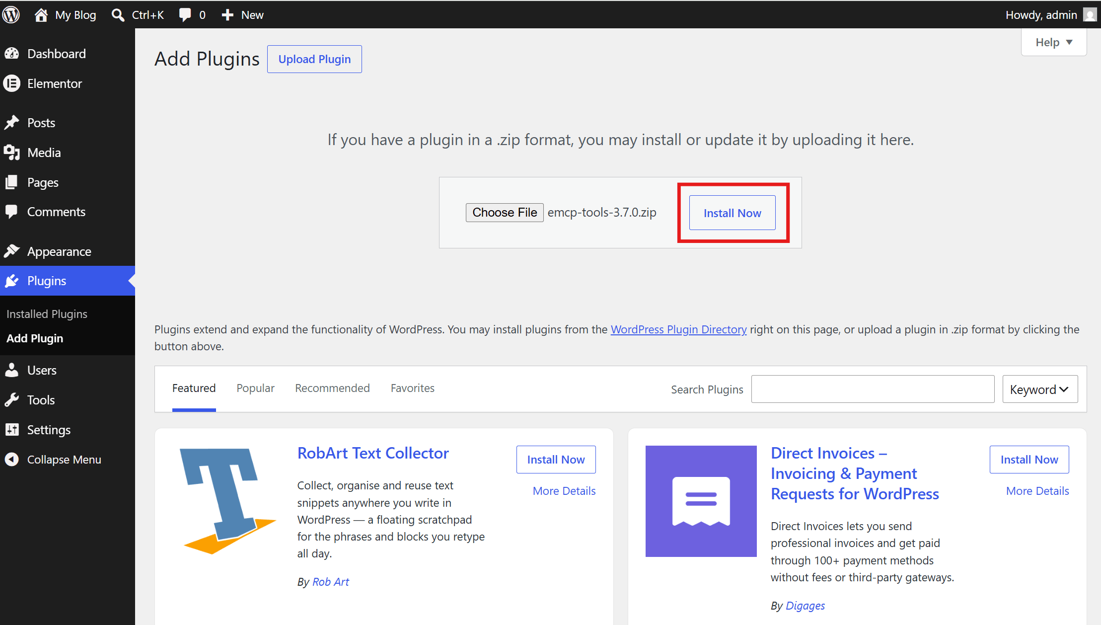Upload Plugin screen with the zip file chosen and Install Now button, followed by the Activate Plugin link